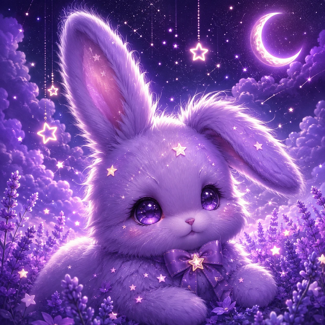 Purple bunny pfp with lavender fur, starry accents, and a dreamy violet glow