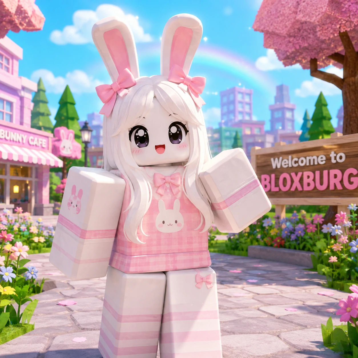 Cute blocky Roblox bunny avatar with big eyes and pastel outfit