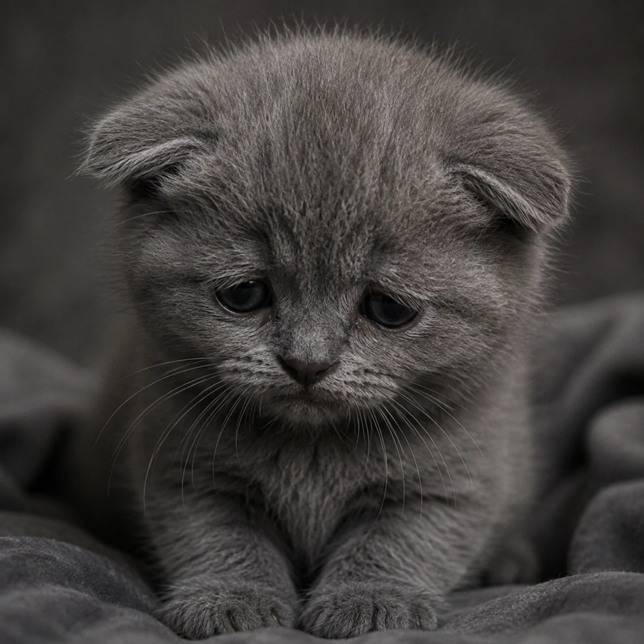 Sad cat profile picture of a droopy grey kitten with downturned eyes and soft lighting