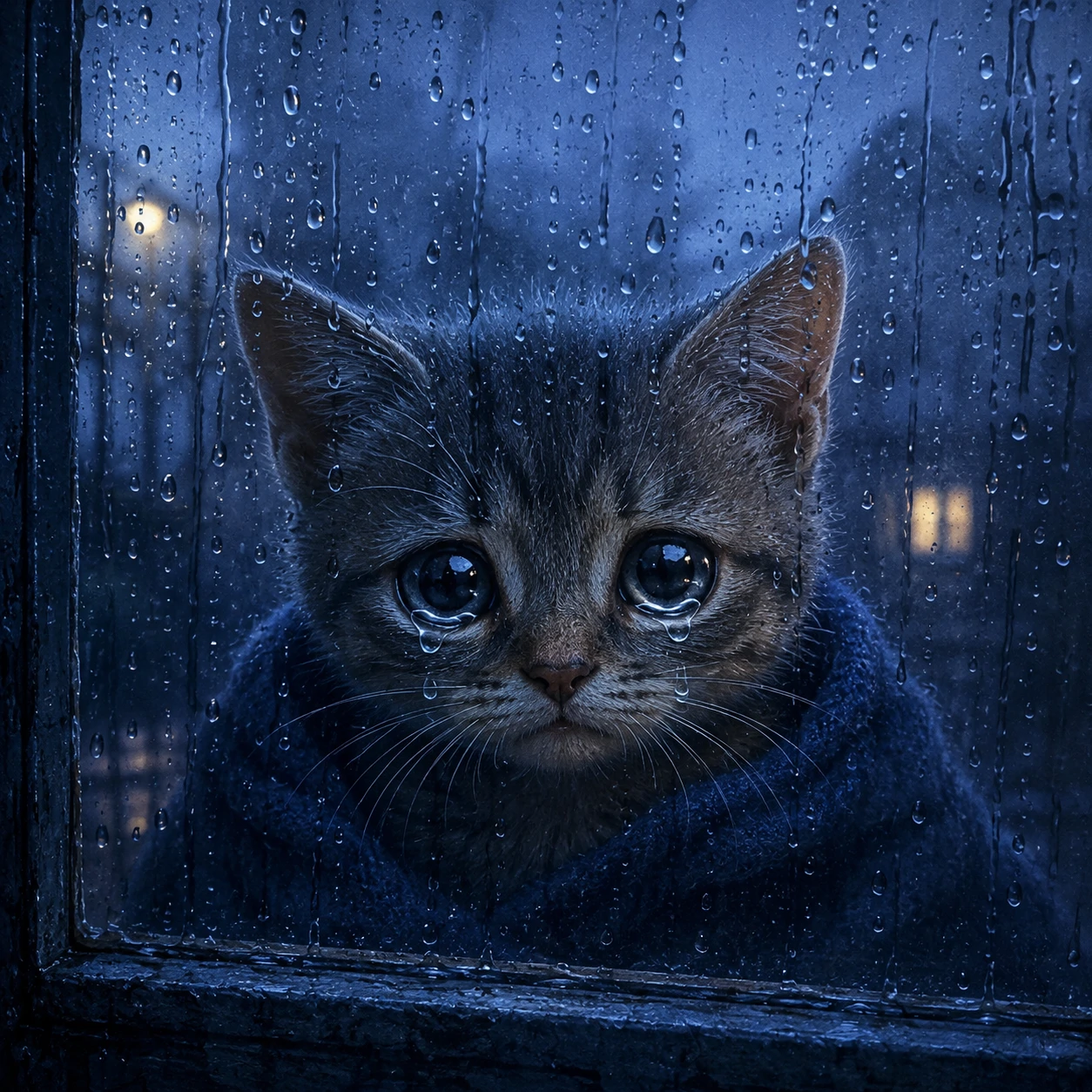 Sad cat PFP with big teary eyes behind a rain-streaked window in moody blue tones