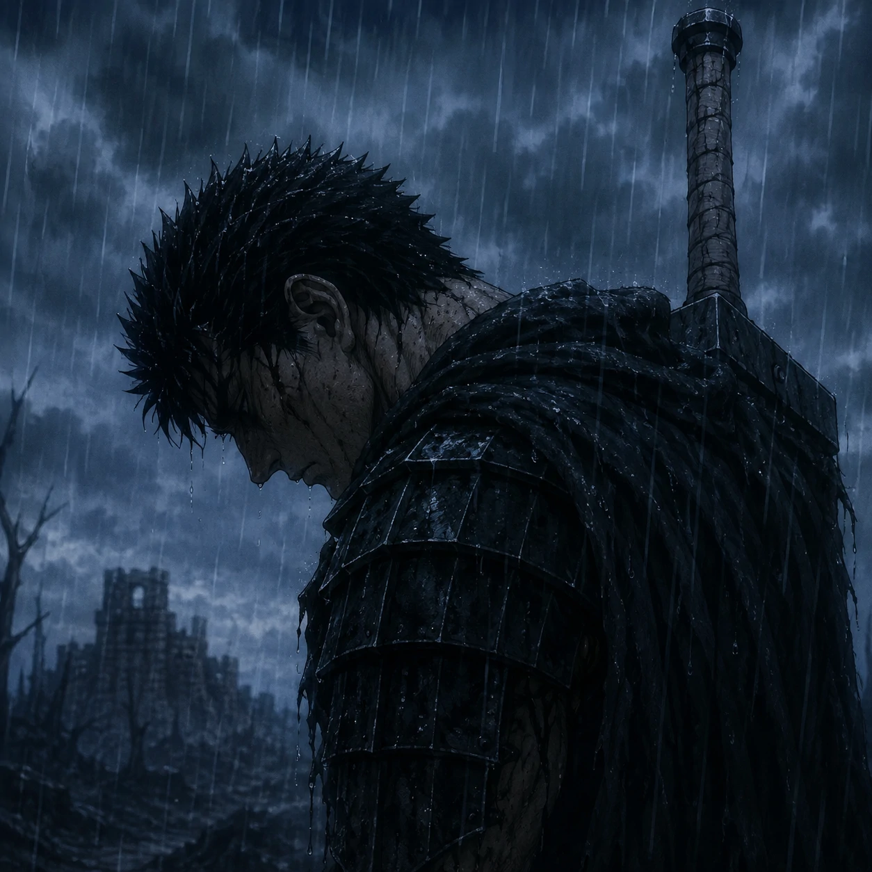 Sad Guts pfp with head down in rain and muted blue-gray tones