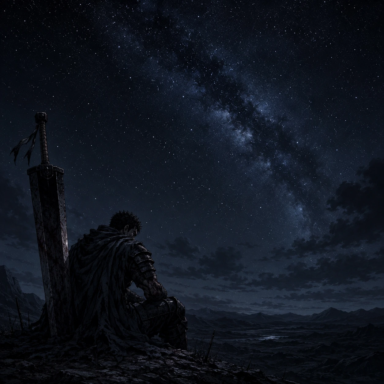 Guts sad profile picture with lone figure at night beside oversized sword