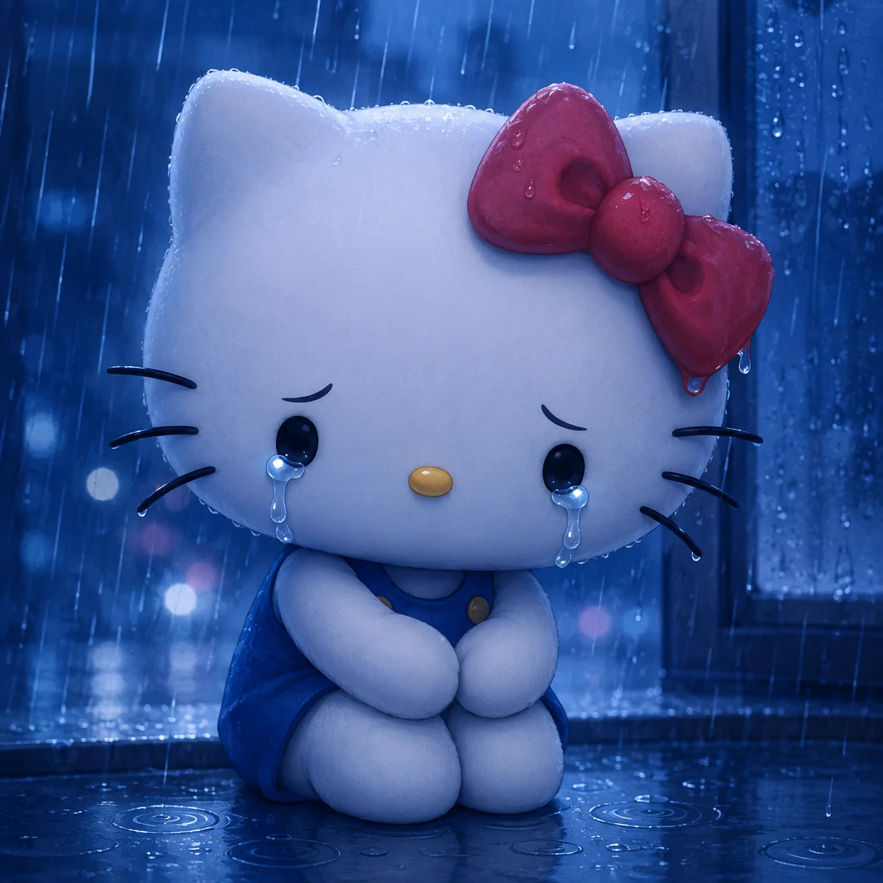Sad Hello Kitty PFP with tears down her cheeks and a slightly drooping red bow