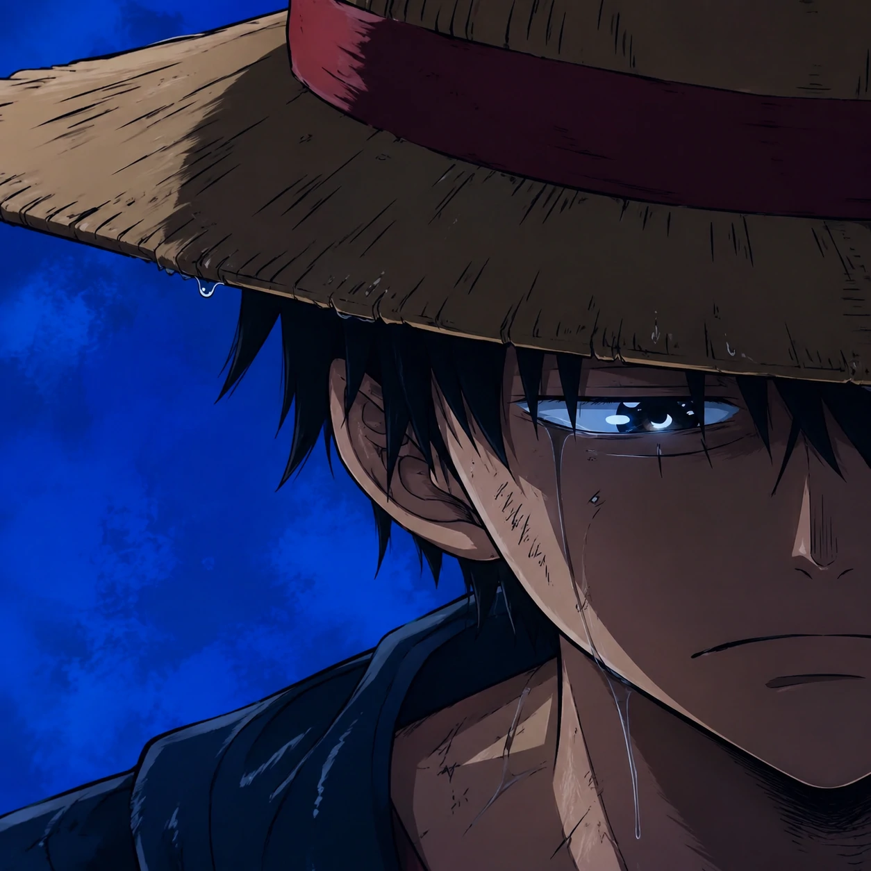 Sad Luffy pfp with one eye visible, blue background, and quiet expression