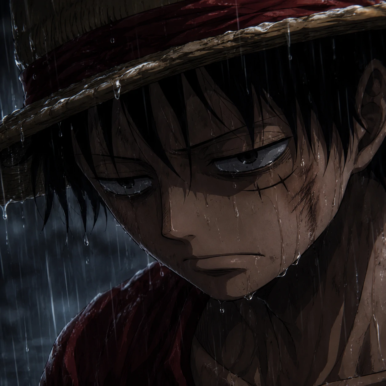 Sad Luffy profile picture in rainy anime scene with tired eyes and shadow