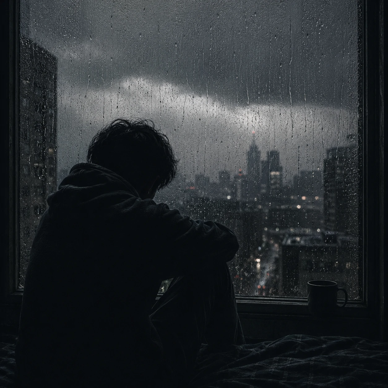 Sad unknown pfp with rainy window, solitary figure and muted tones