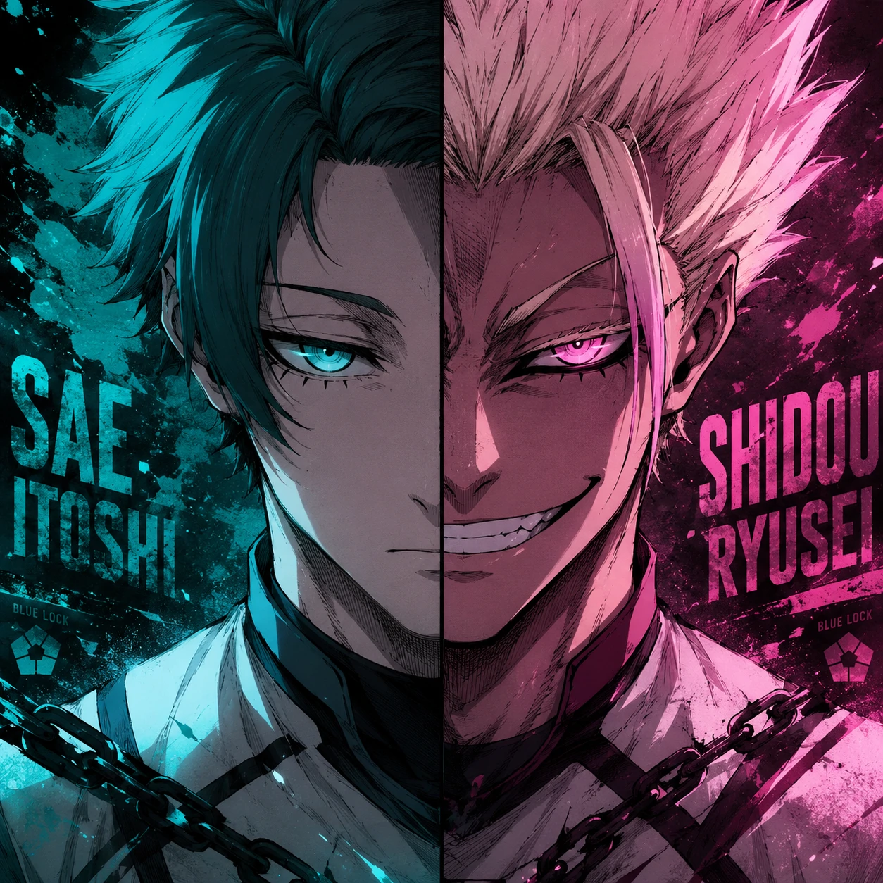 Sae and Shidou matching PFP duo split with contrasting teal and pink tones