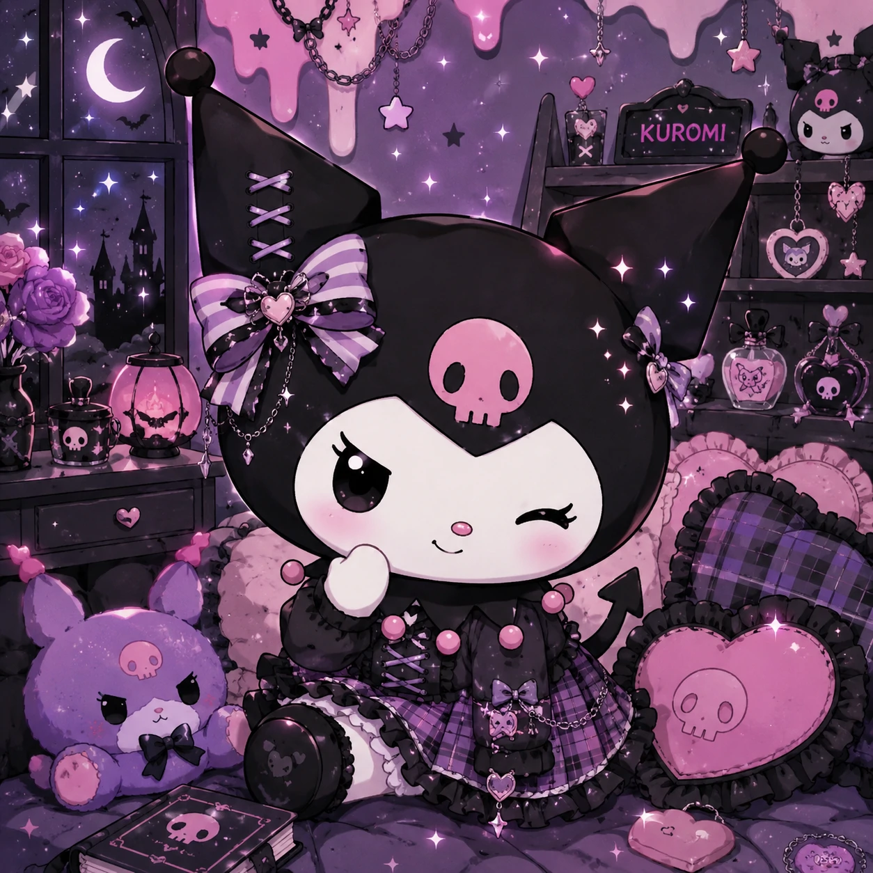 Sanrio kawaii profile picture with Kuromi in a pastel goth palette and sparkle accents