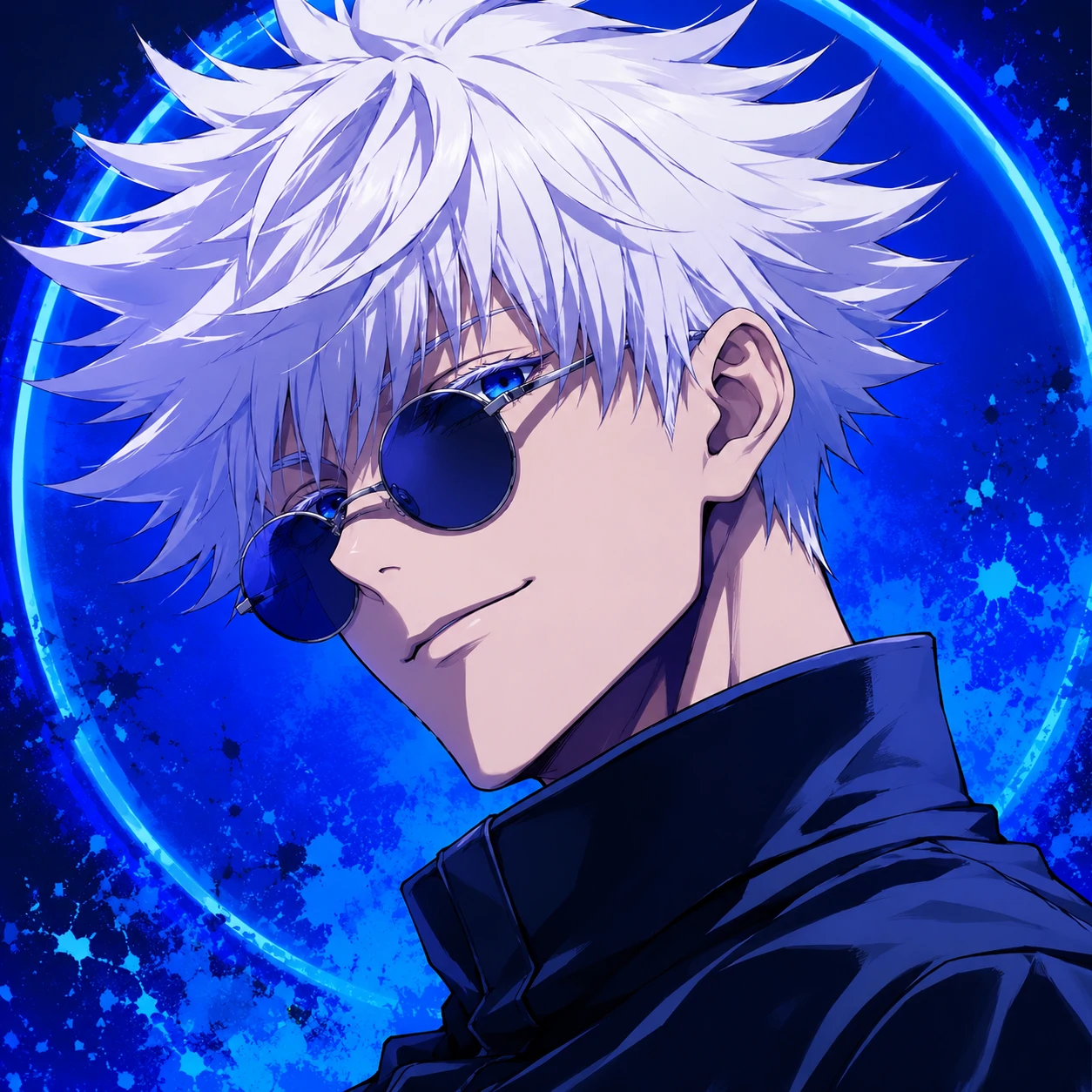Satoru Gojo user icon with blue backdrop, sunglasses, and neat framing