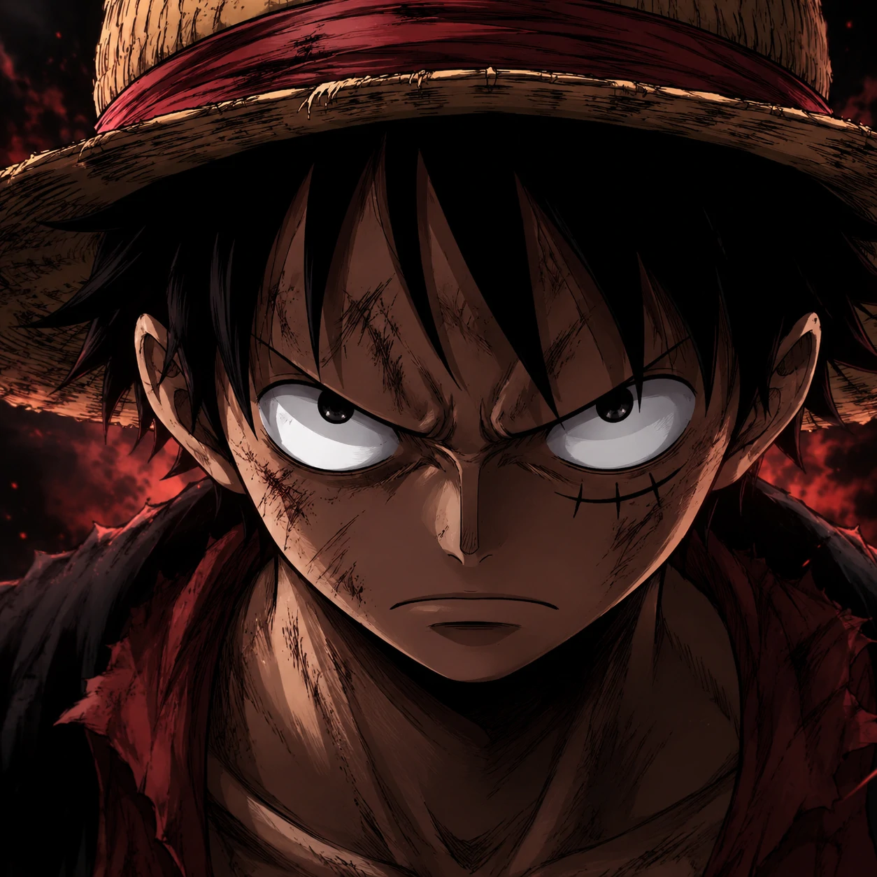 Serious Luffy pfp with intense eyes, dark shading, and battle-ready expression