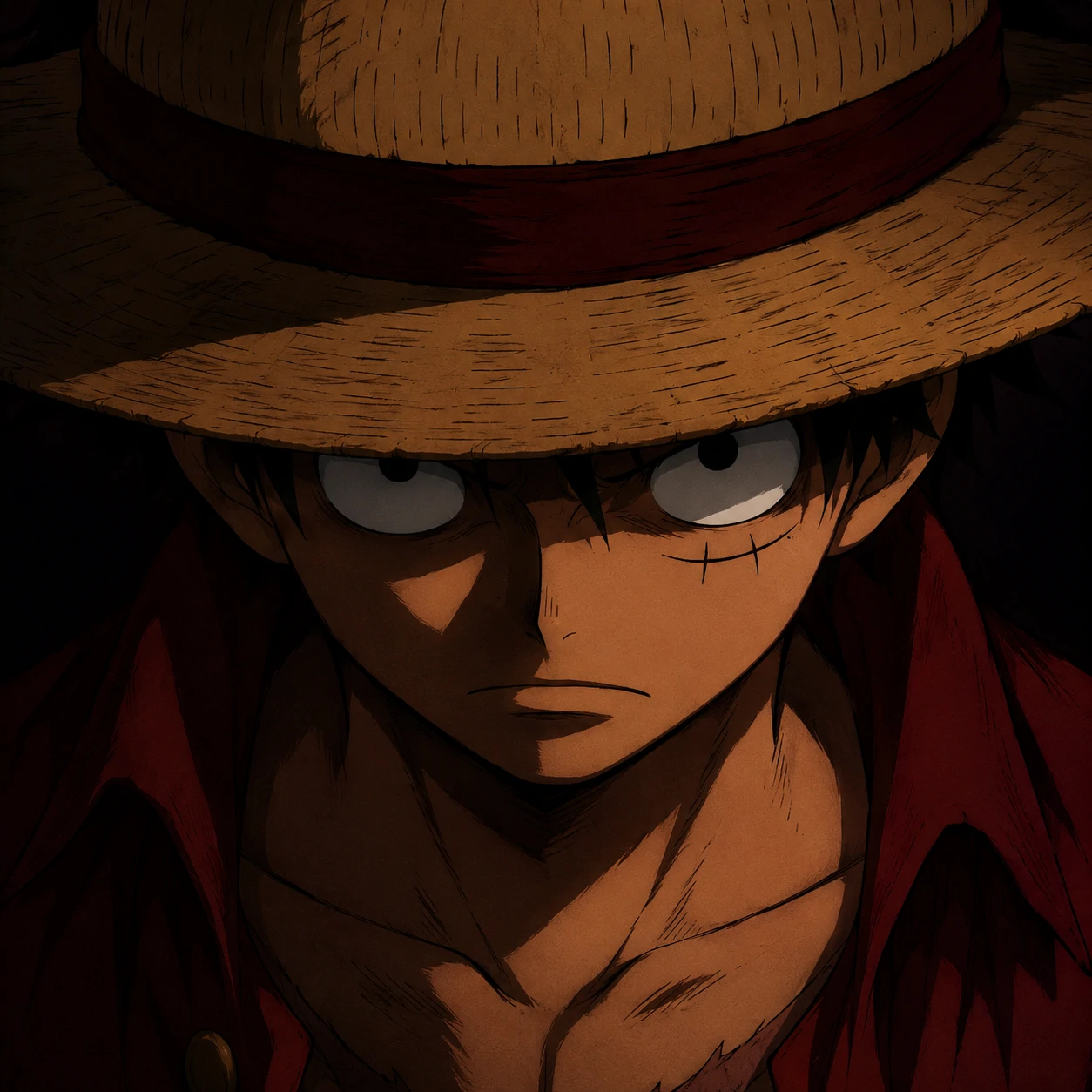 Serious Luffy profile picture under straw hat shadow with focused anime stare
