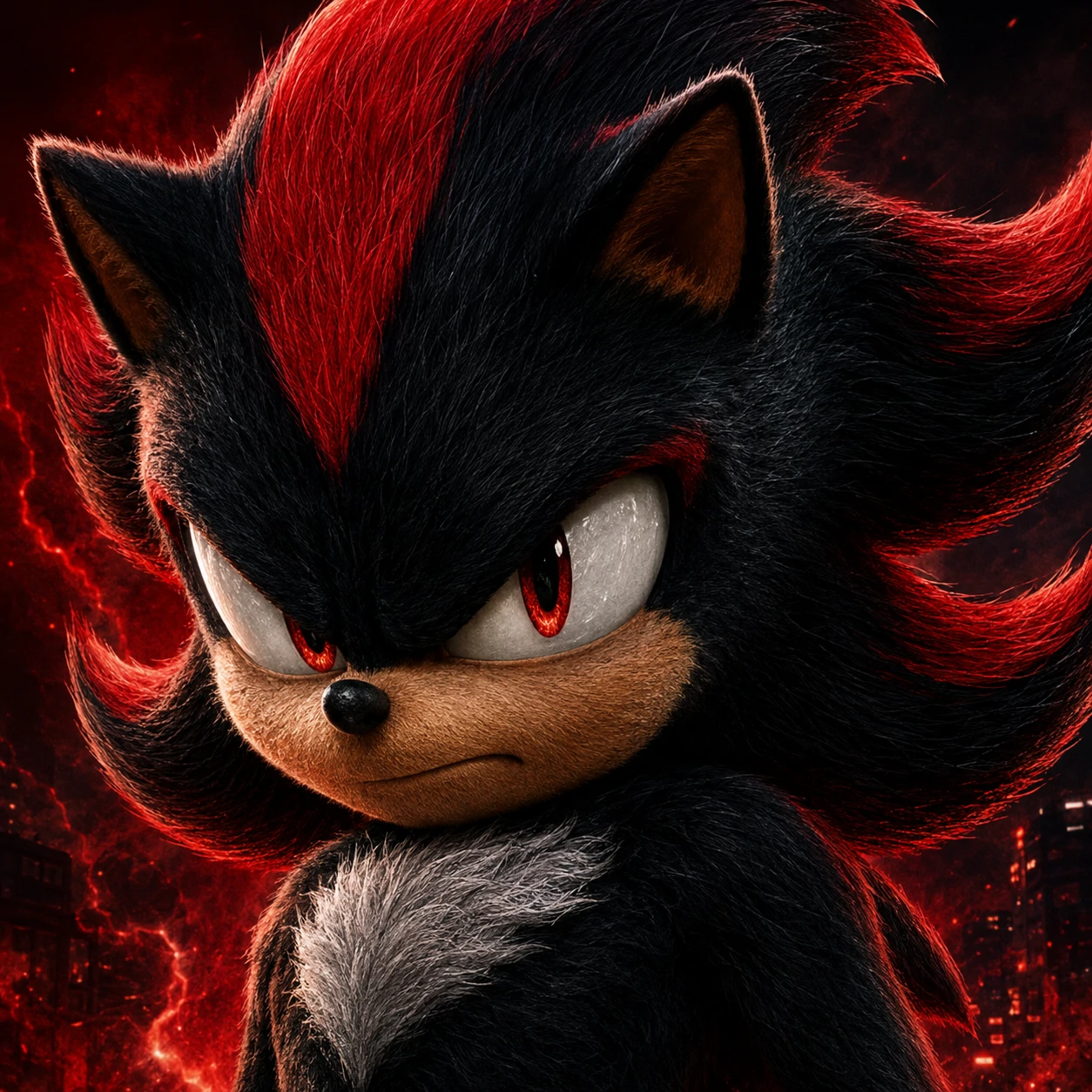 Shadow the Hedgehog PFP in Sonic 3 movie style with CGI shading and red highlights