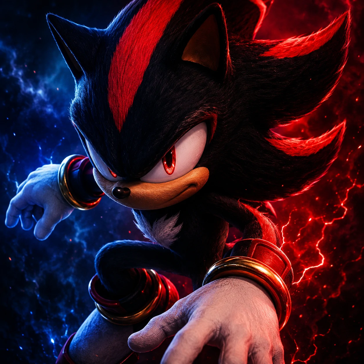 Shadow half of a matching Sonic PFP with mirrored pose and glowing red highlights