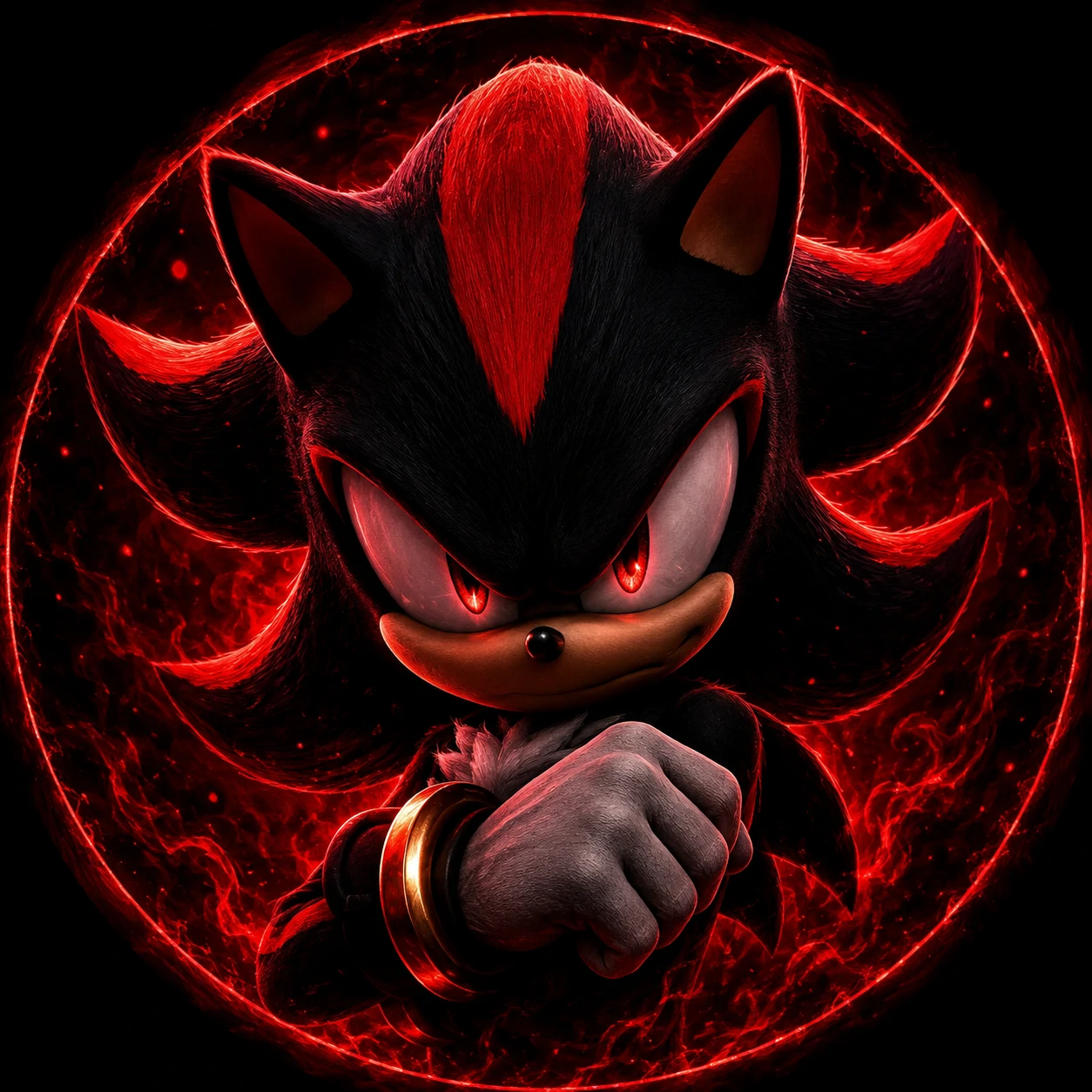 Shadow the Hedgehog PFP with crimson red glow and dark background highlighting his red stripes