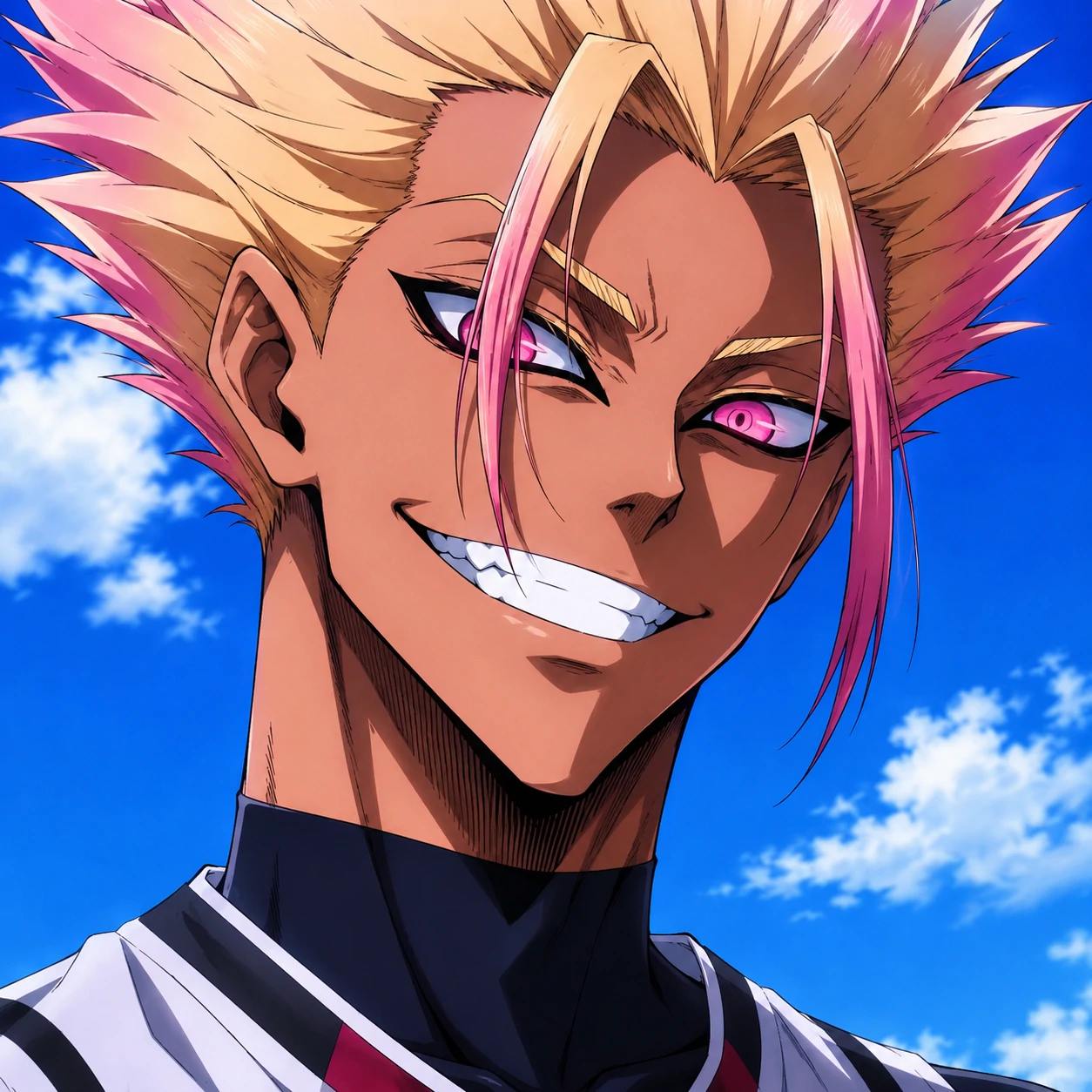 Shidou anime style PFP with a sharp grin and pink eyes against a blue sky