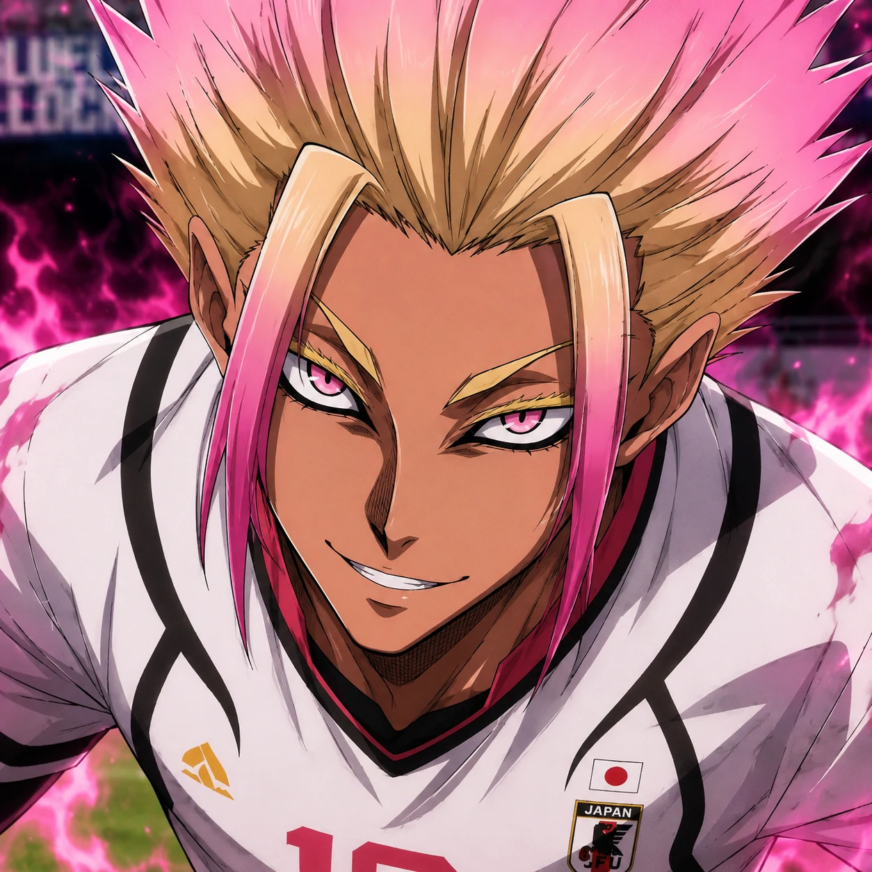 Shidou anime PFP of the striker leaning forward with pink hair in full color