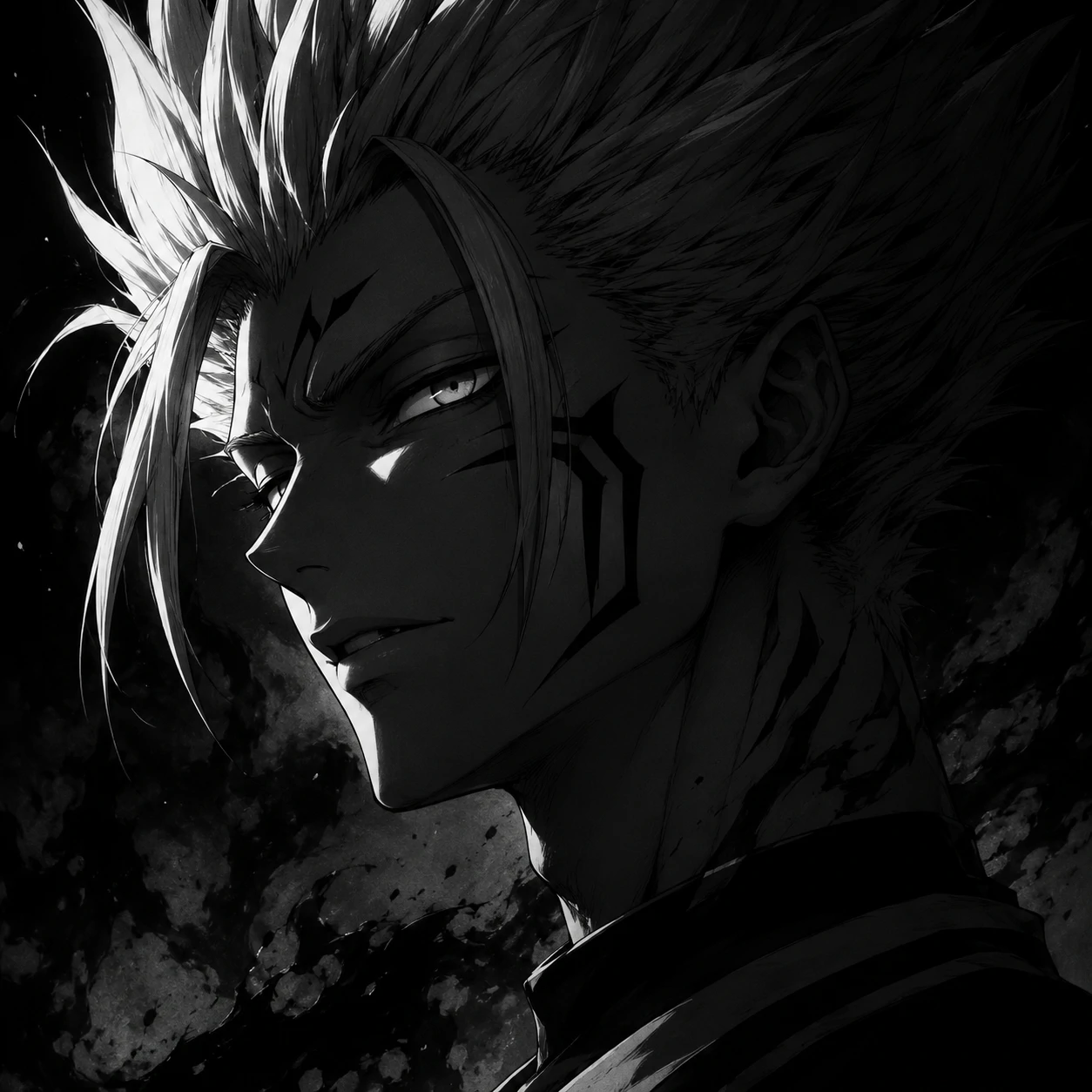 Dramatic grayscale Shidou PFP with deep shadows and side lighting