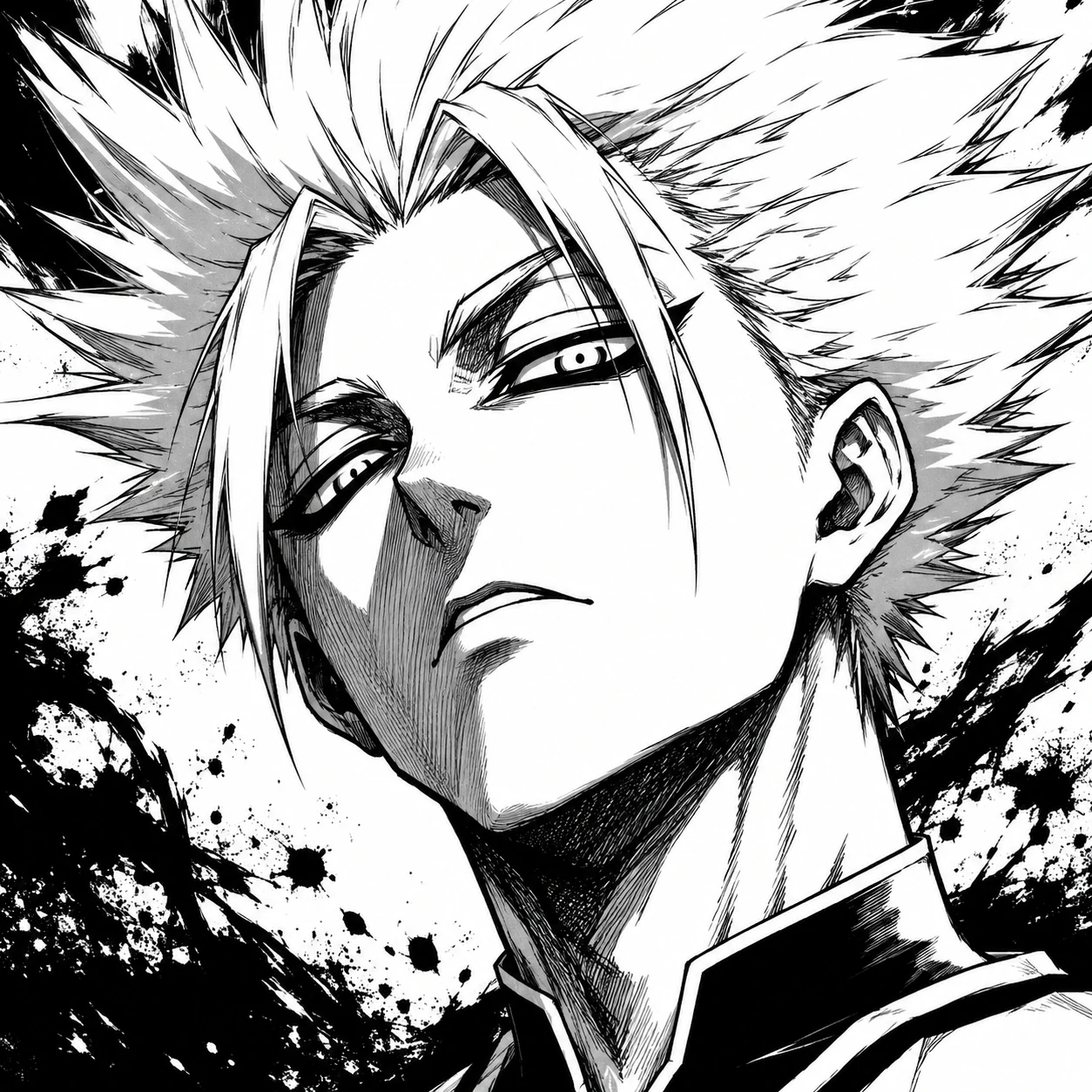 Black and white Shidou PFP with high contrast ink shading of his face