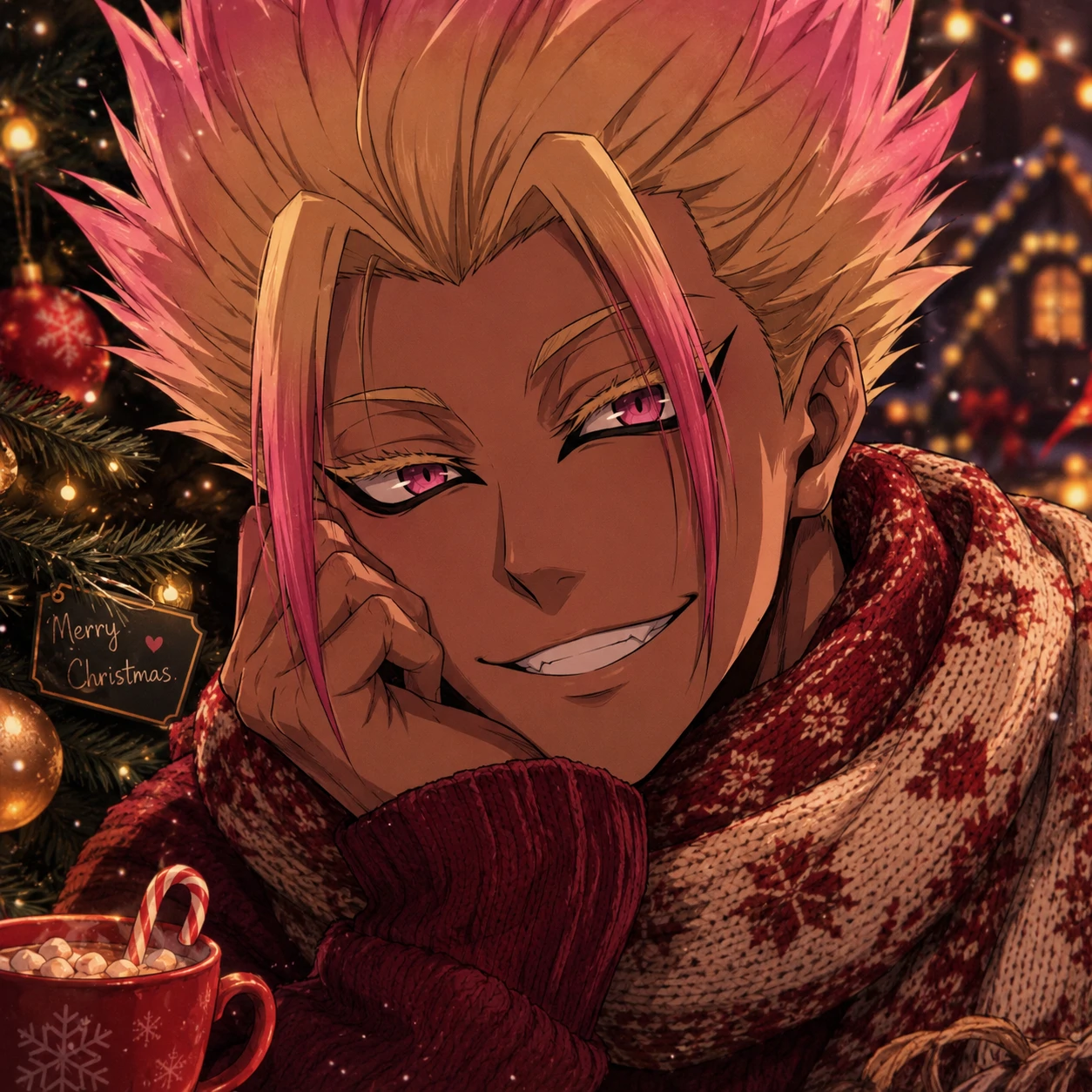 Cozy Shidou Christmas PFP with warm lights and a scarf in winter colors