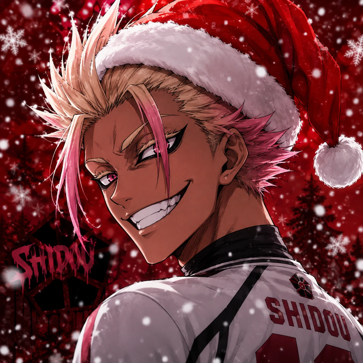 Shidou PFP Christmas edit with a Santa hat and snow falling around him