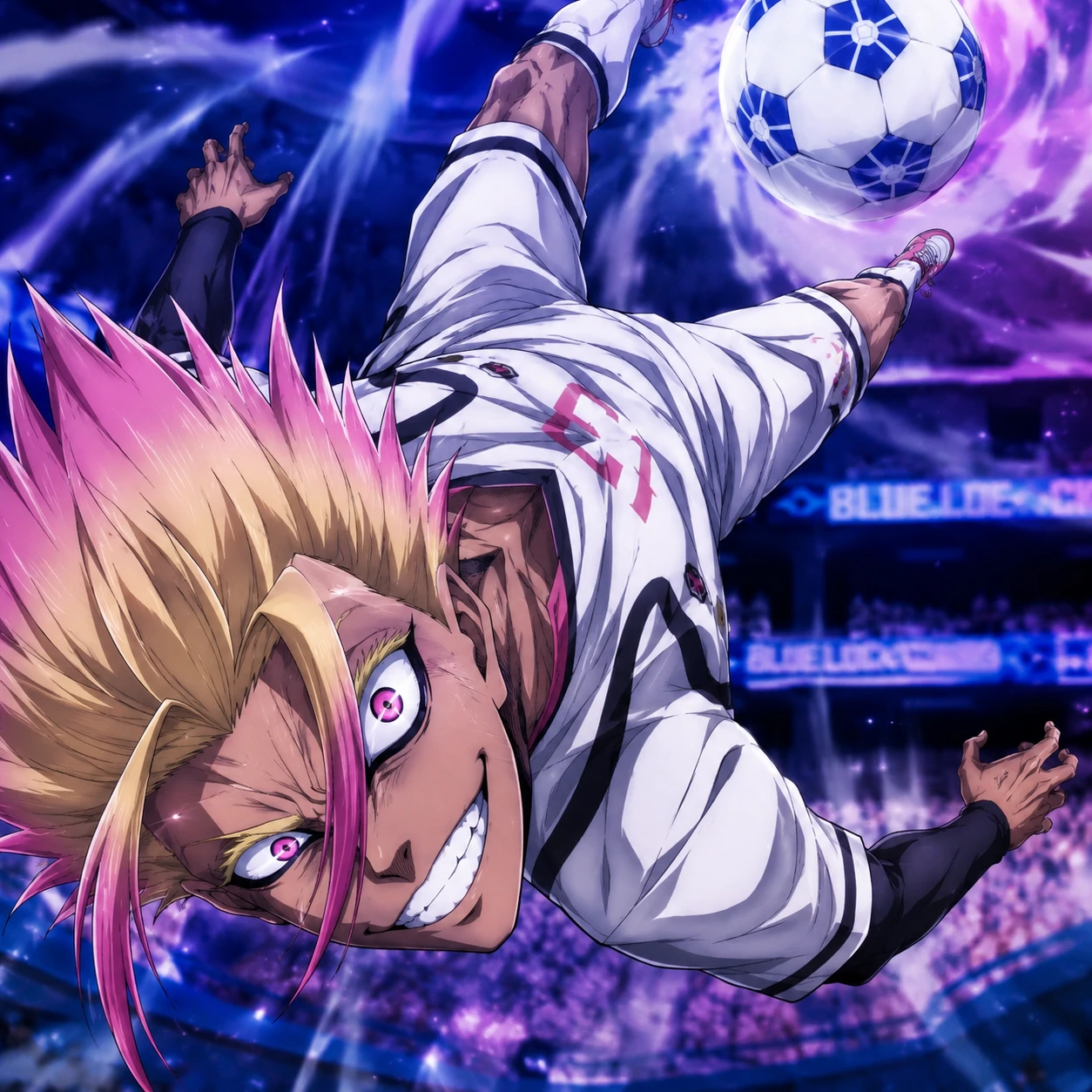 Shidou PFP of Ryusei Shidou mid-bicycle-kick in a Blue Lock anime match scene
