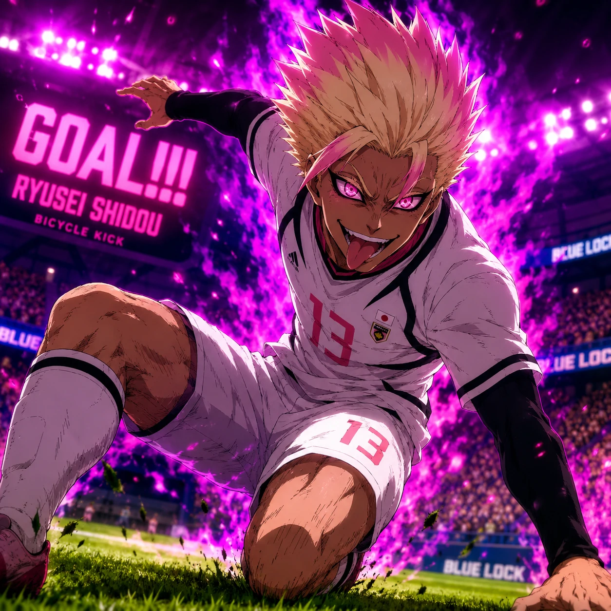 Shidou PFP GIF loop of Ryusei Shidou landing a bicycle kick celebration
