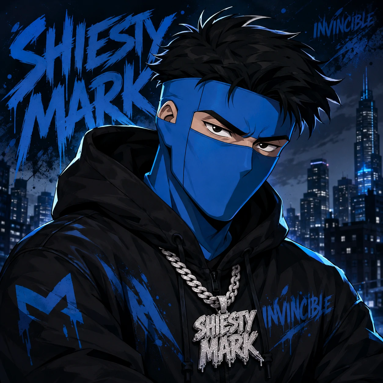 Shiesty Mark Invincible PFP with full lower face blue mask and only eyes visible