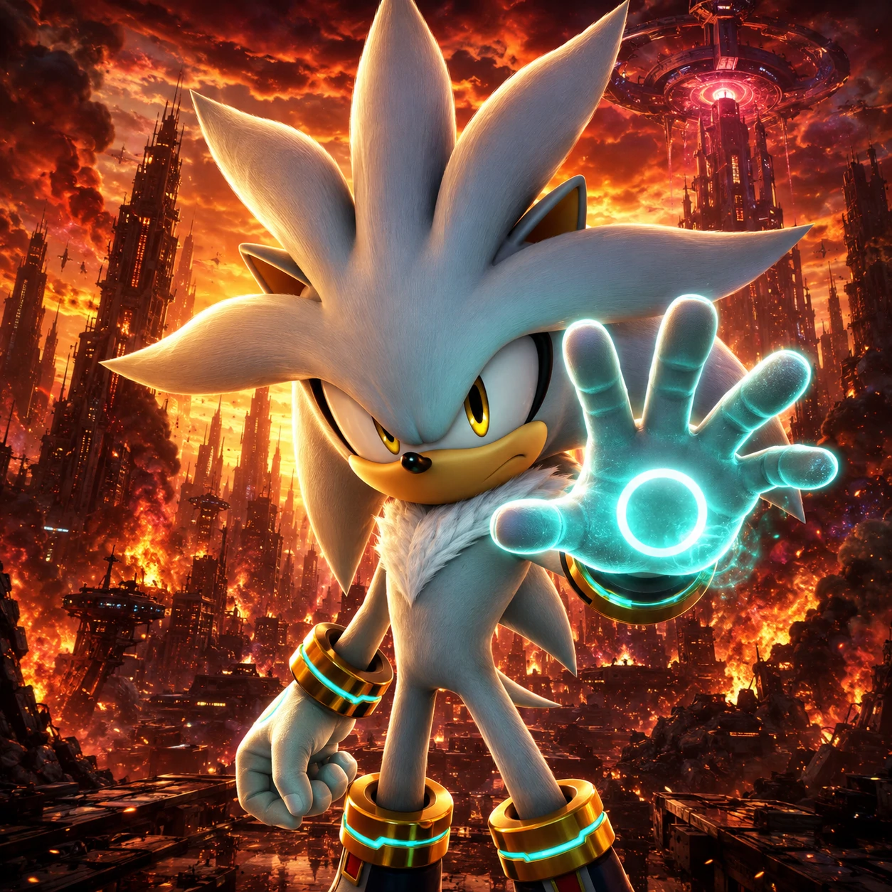 Silver hedgehog PFP posing in front of a burning futuristic city background