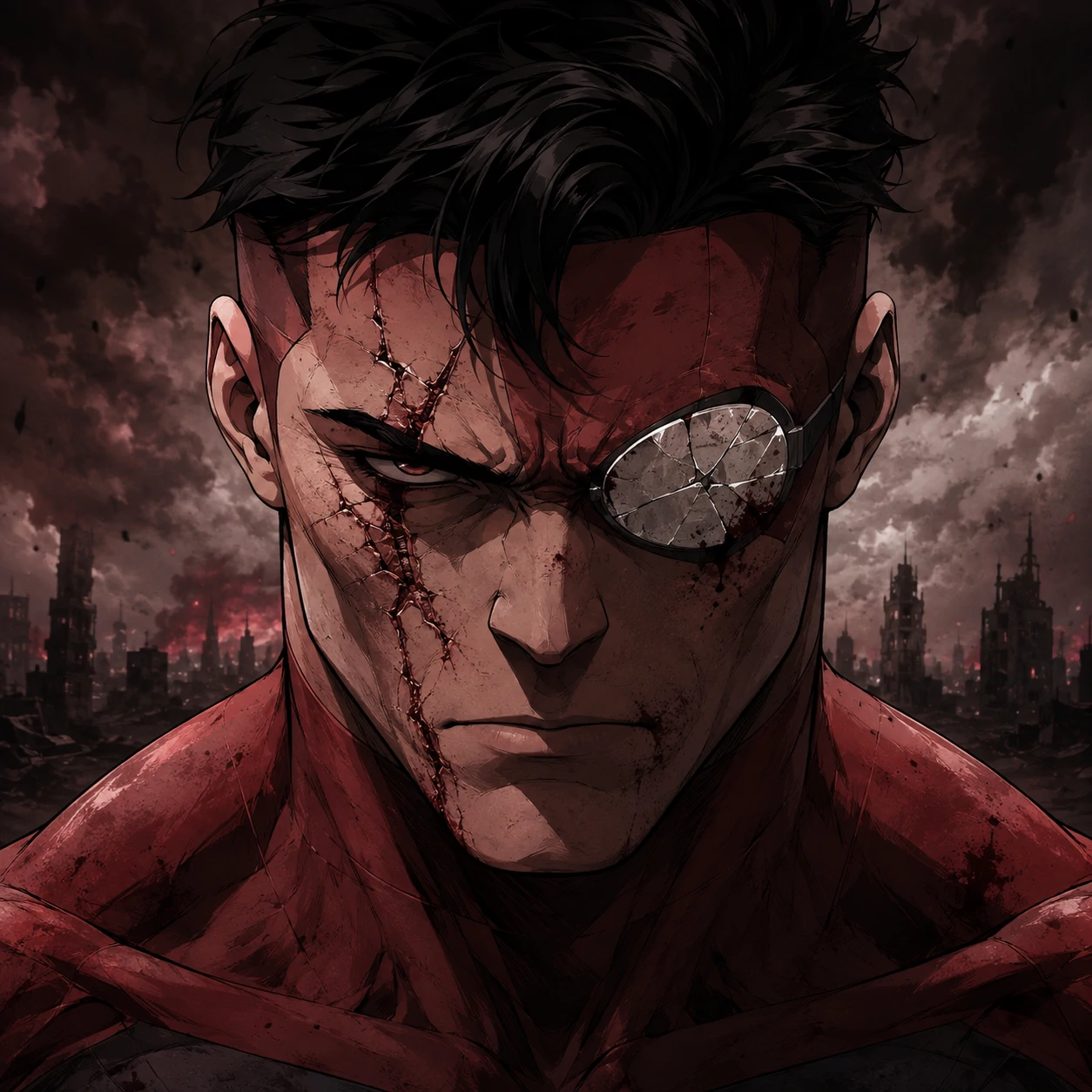 Sinister Mark Invincible PFP with facial scar cracked goggle and villain expression