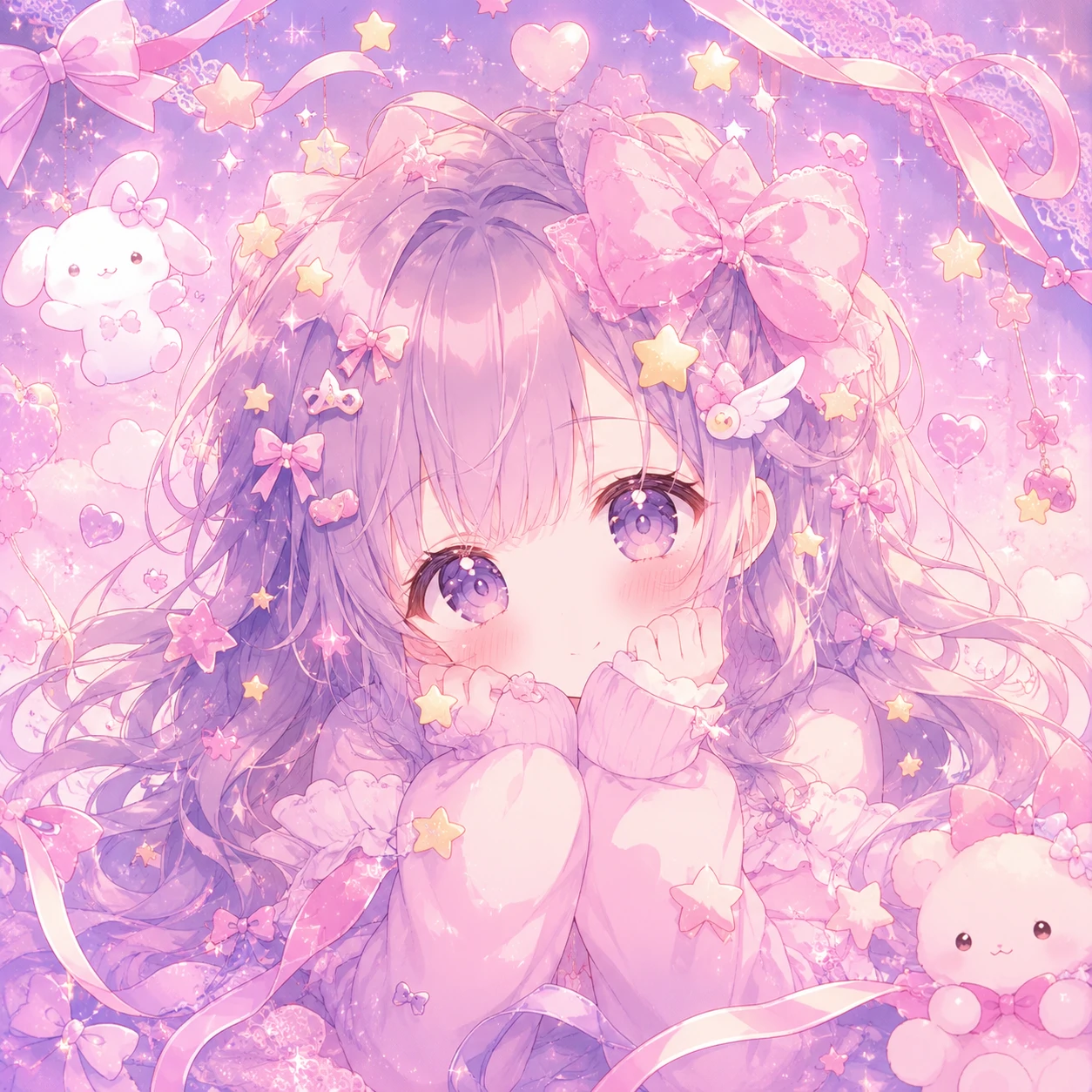 soft anime kawaii PFP with sparkle stars, ribbons and a cute girl character icon