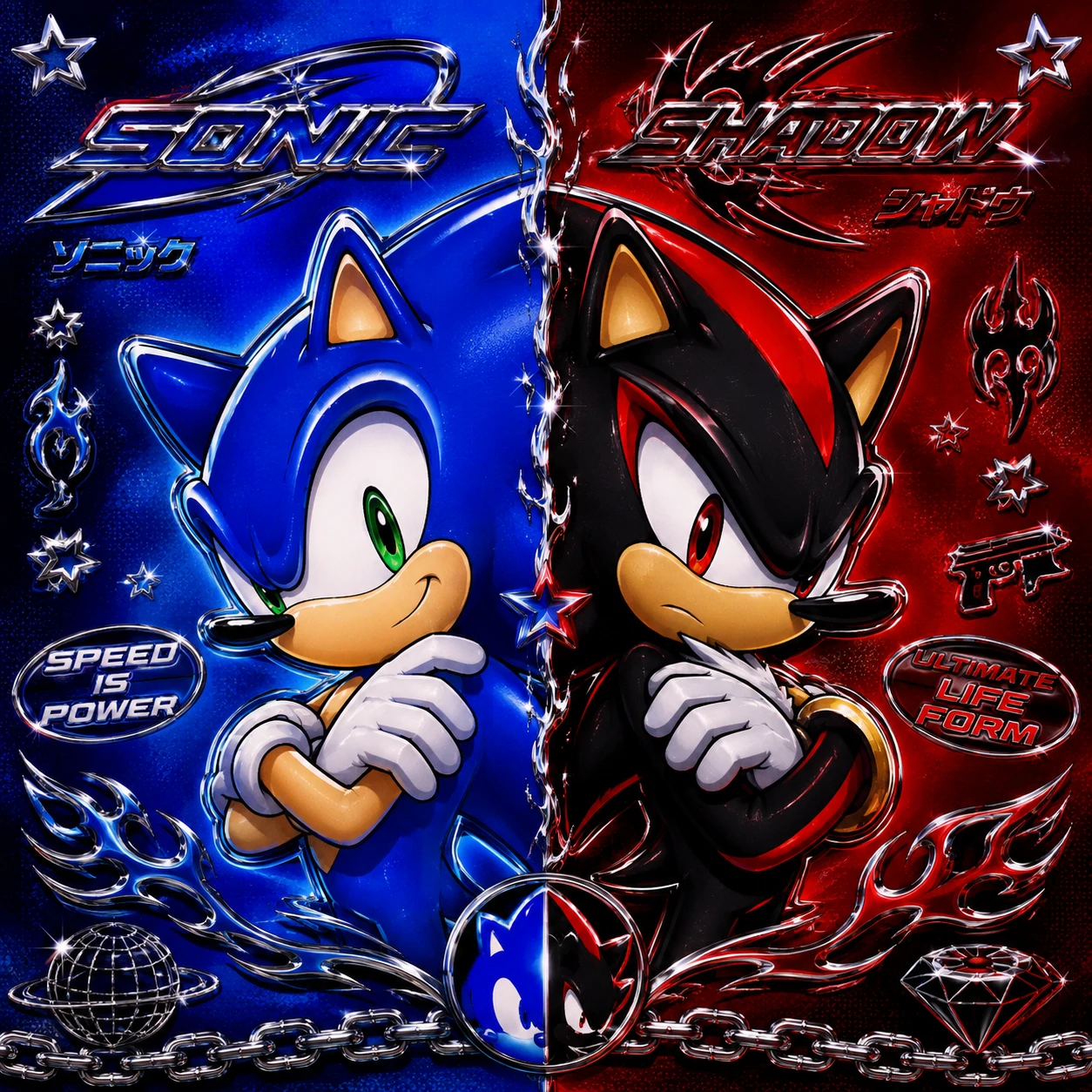 Sonic and Shadow matching PFP in Y2K style with split blue and red background