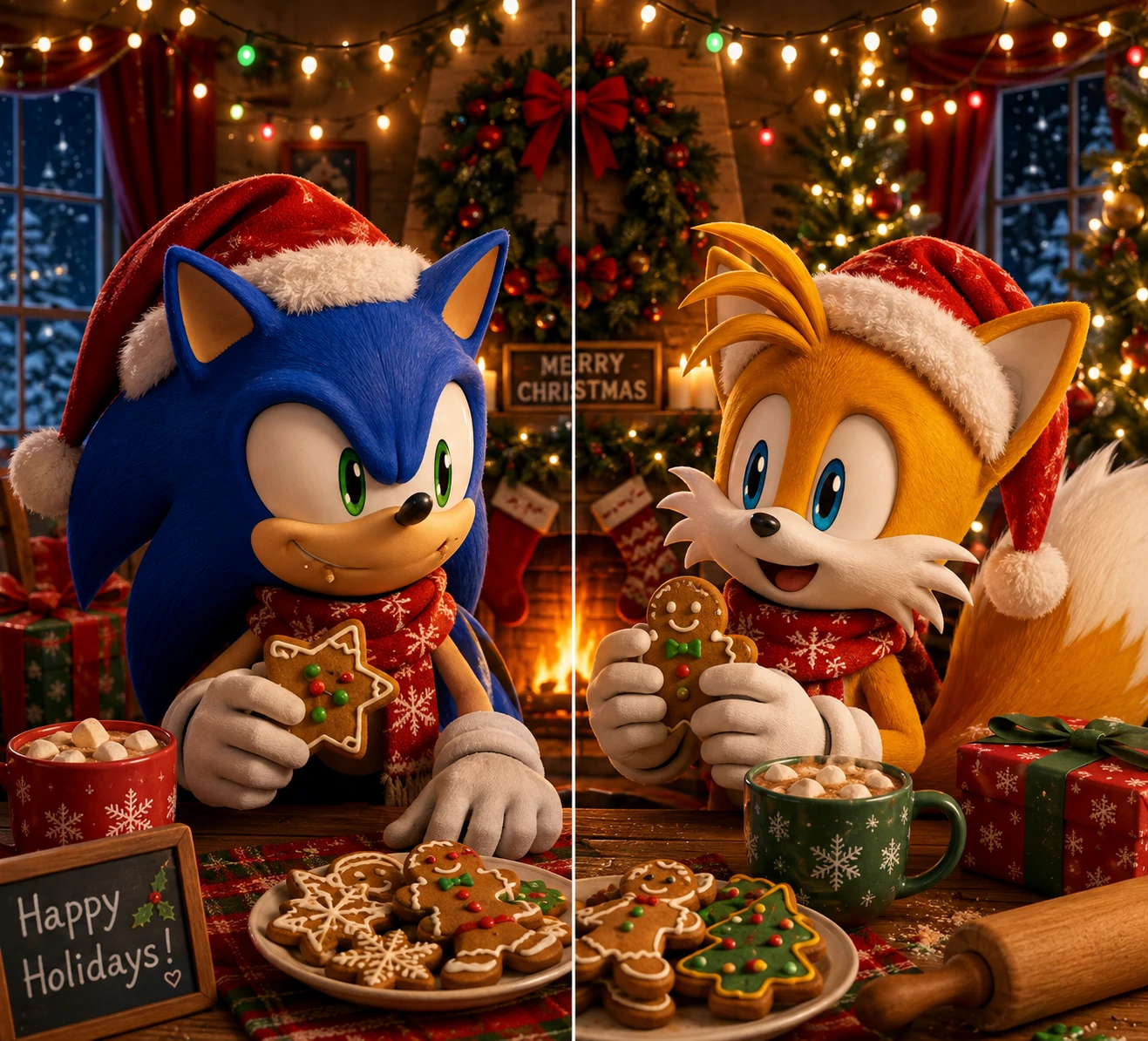Sonic and Tails Christmas matching PFP with fairy lights and cookies