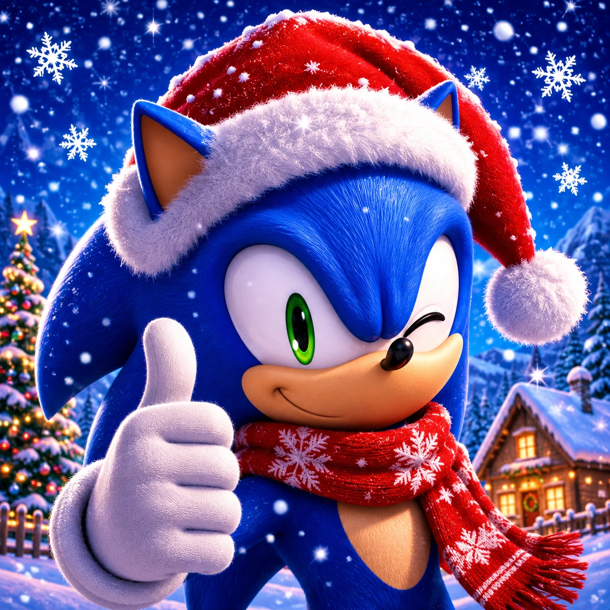 Sonic Christmas PFP wearing a Santa hat with snowflakes falling in the background