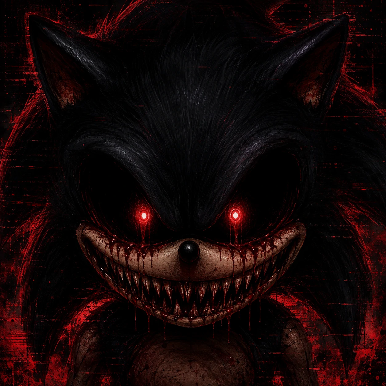 Sonic exe PFP with pitch-black fur bleeding red eyes and a wide creepy grin
