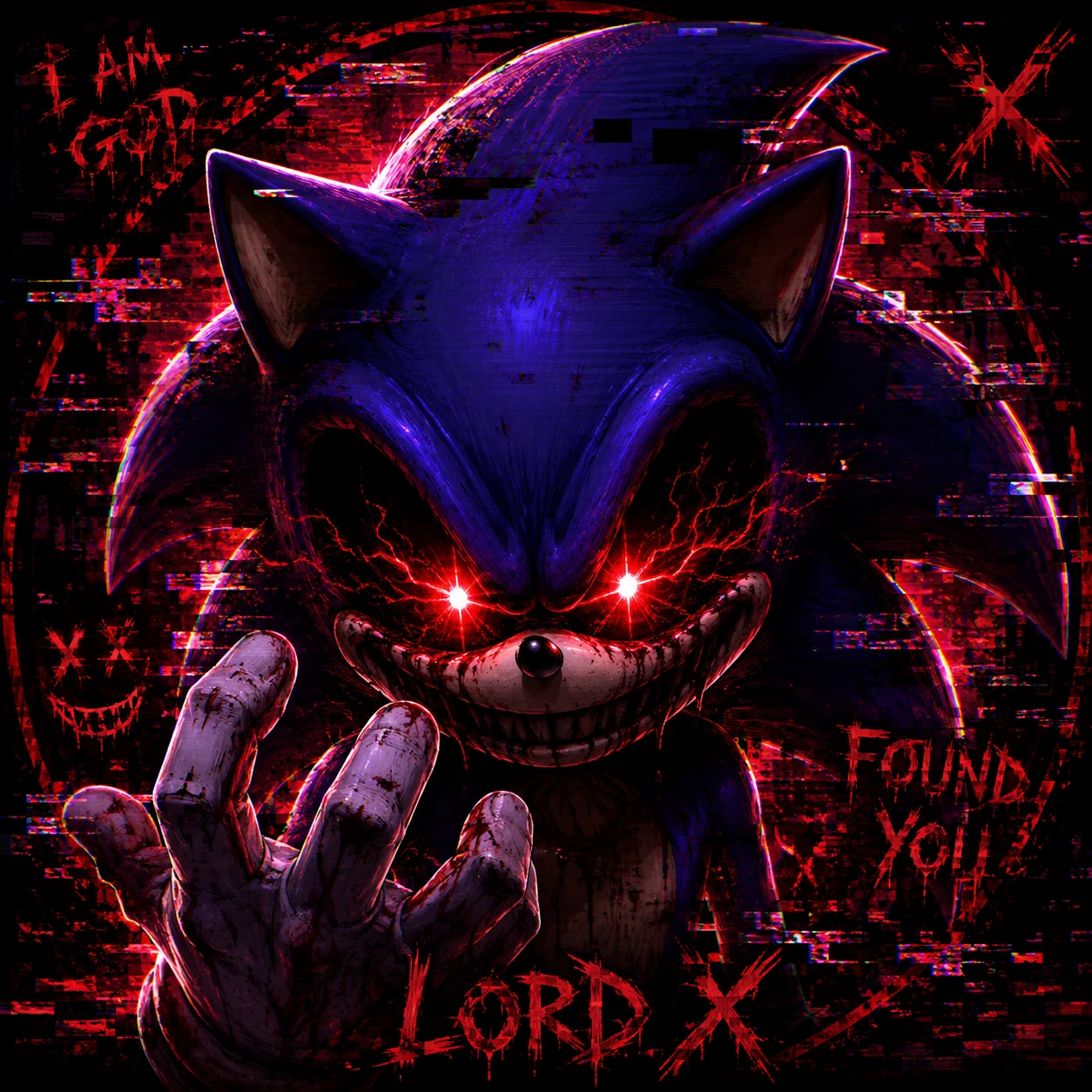 Lord X style Sonic exe PFP with glitch effects and glowing crimson eyes