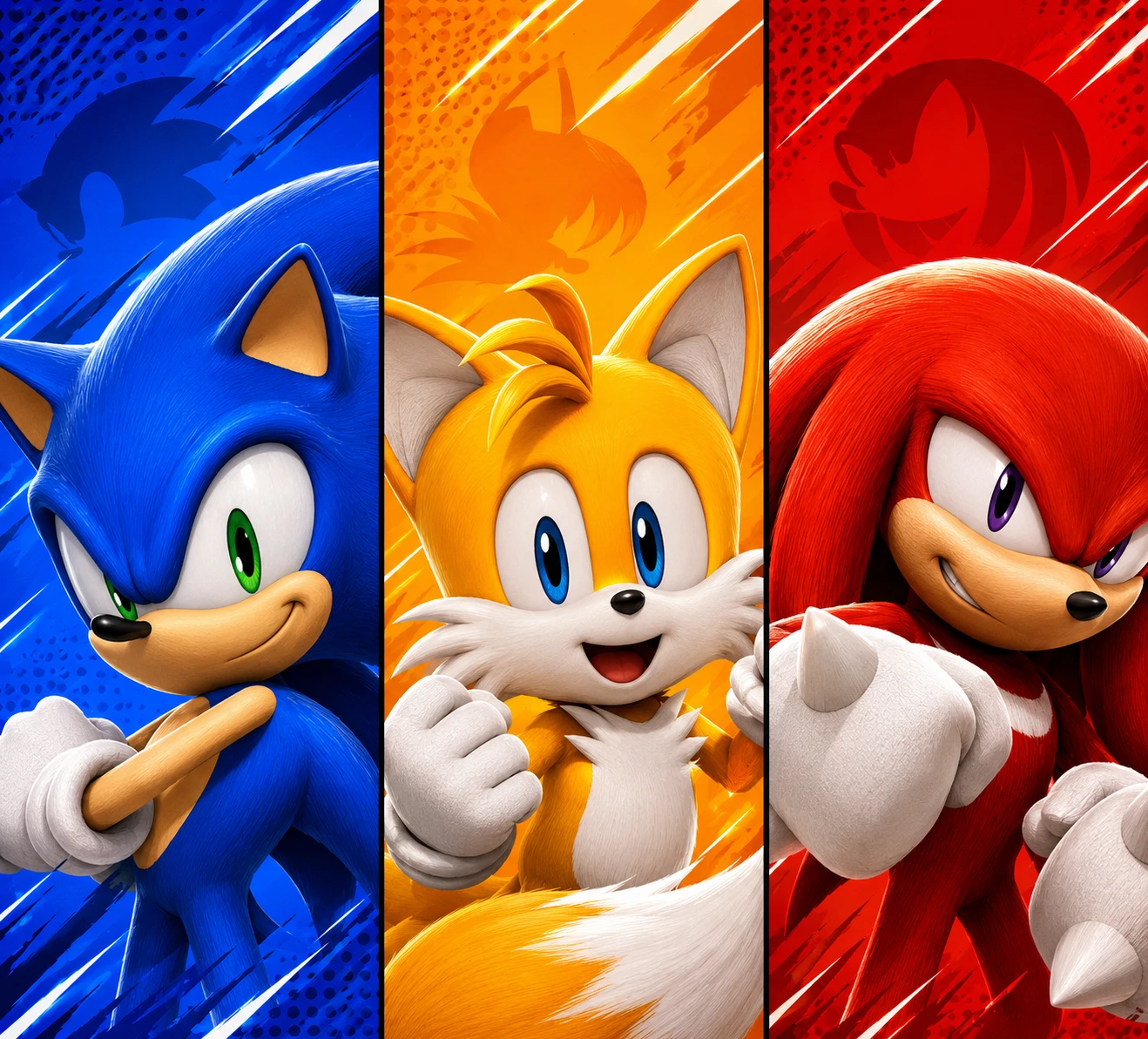 Trio matching Sonic PFP piece with Sonic Tails and Knuckles color-coded backgrounds