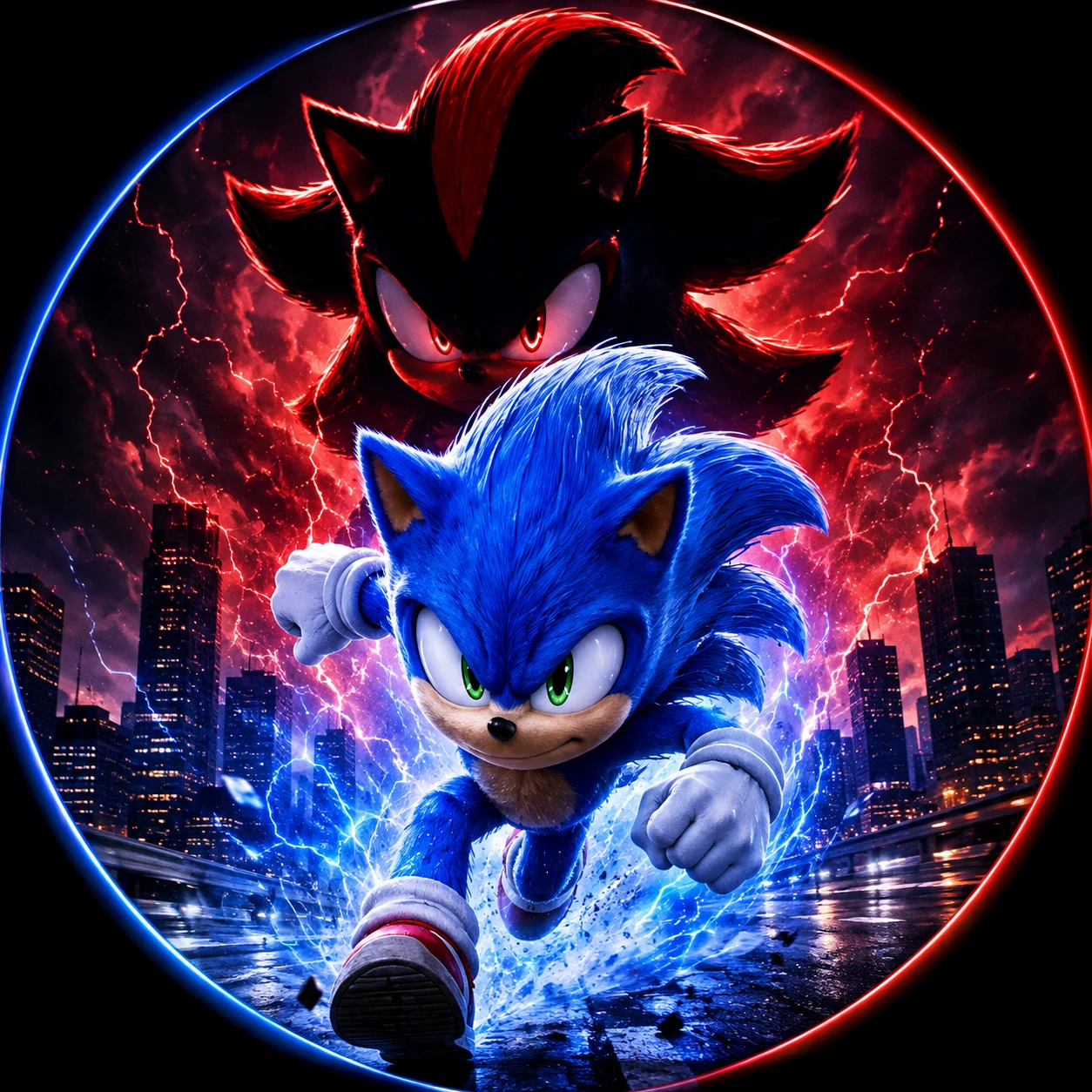 Sonic movie 3 PFP with Sonic mid-run and Shadow silhouette in the background