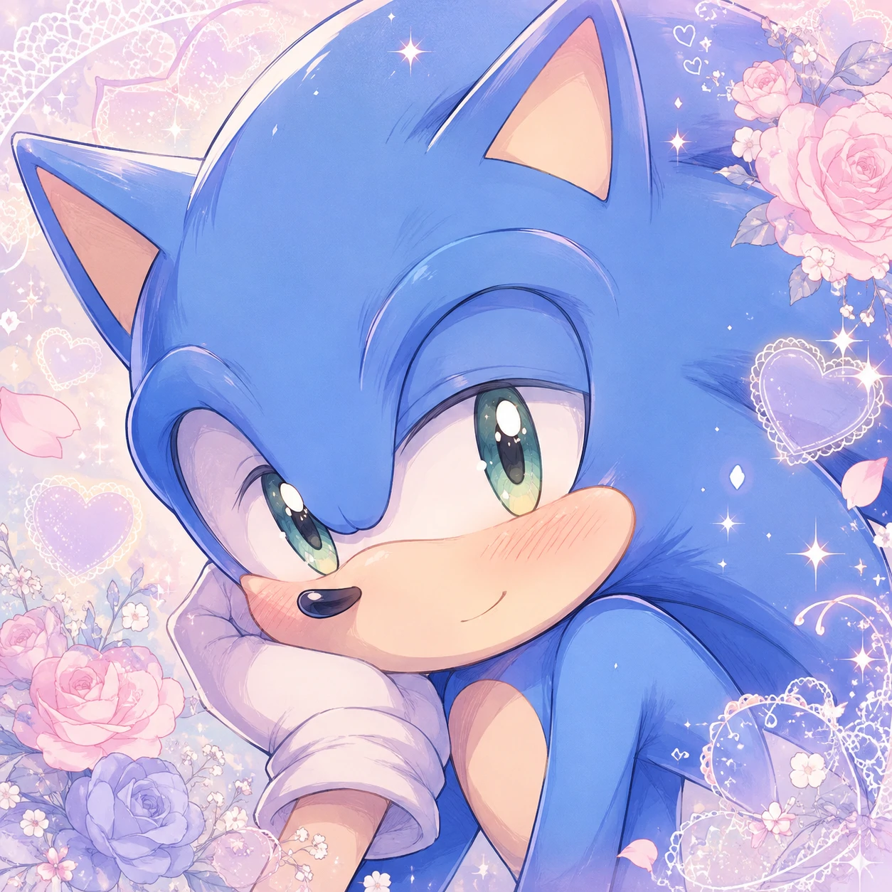 Shoujo anime Sonic PFP with soft pastel palette and a light blush on his cheeks