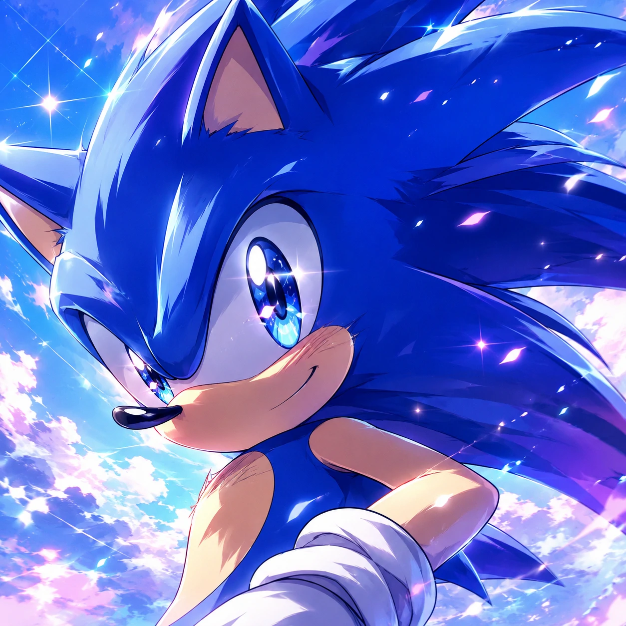 Anime style Sonic PFP with shounen sparkle eyes and dramatic wind-swept quills