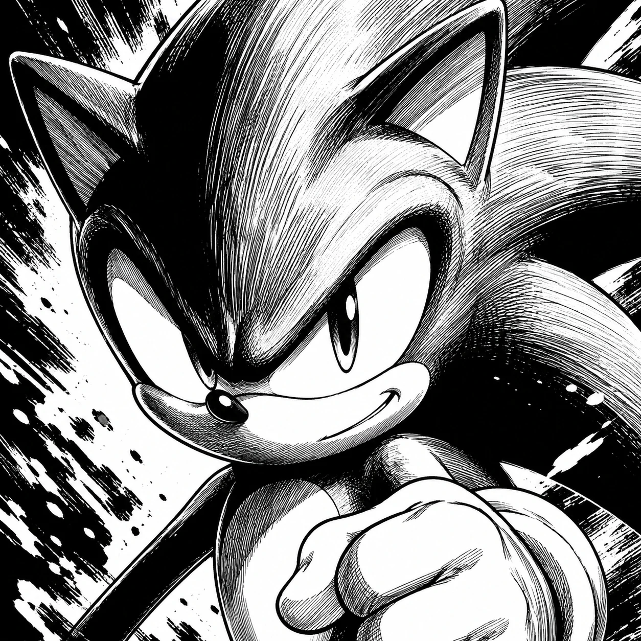 Black and white Sonic PFP with manga-style inking crosshatching and dramatic contrast