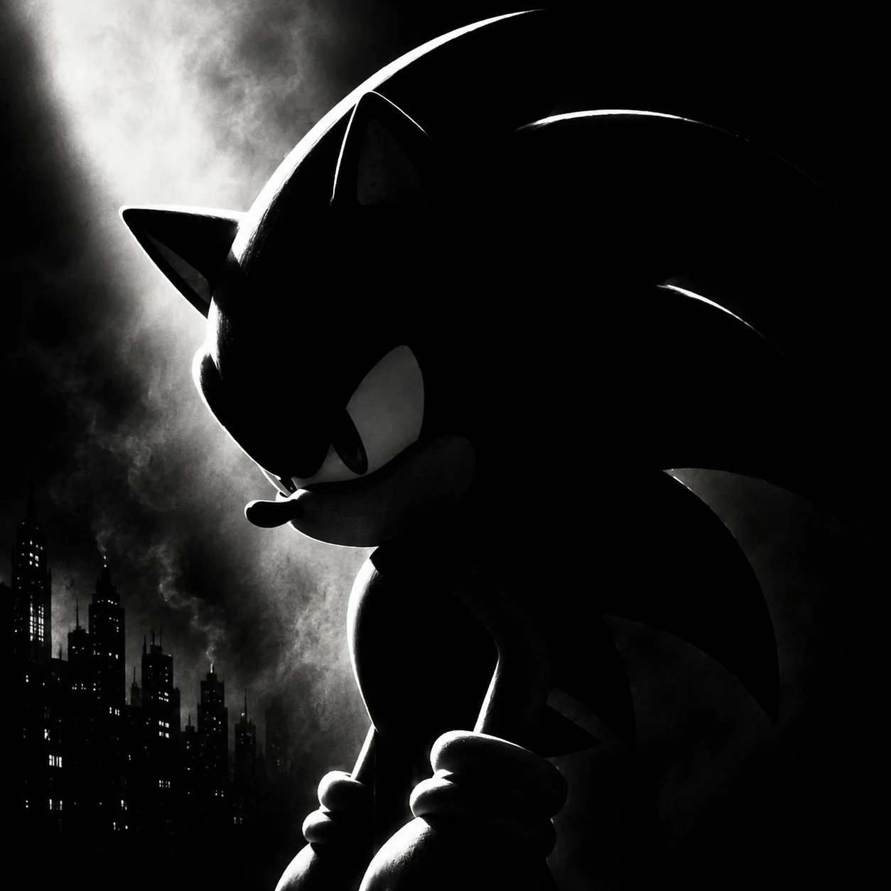 Noir-style black and white Sonic silhouette PFP with high contrast lighting