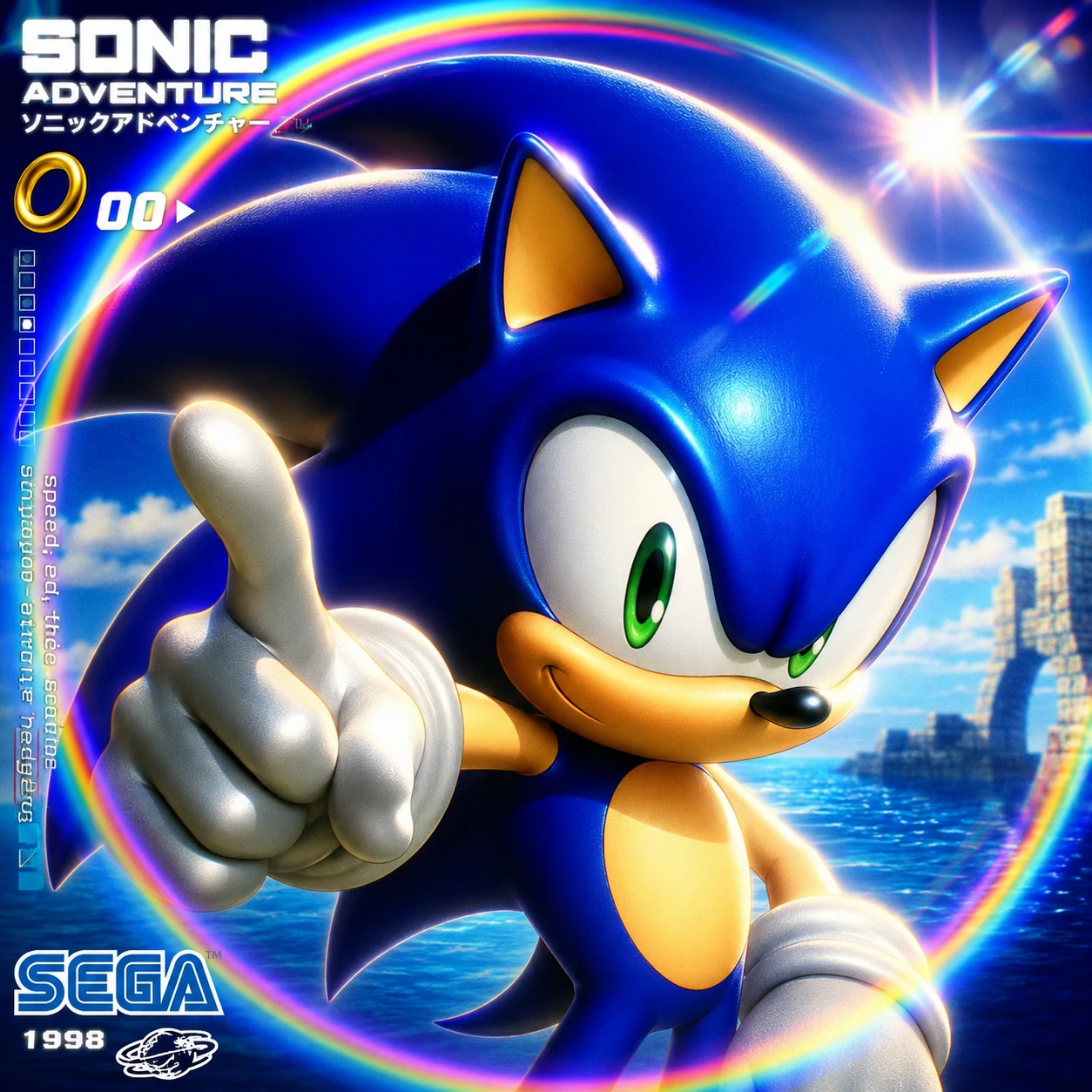 Y2K style Sonic Adventure era pfp with rainbow lens flare and airbrushed gloss