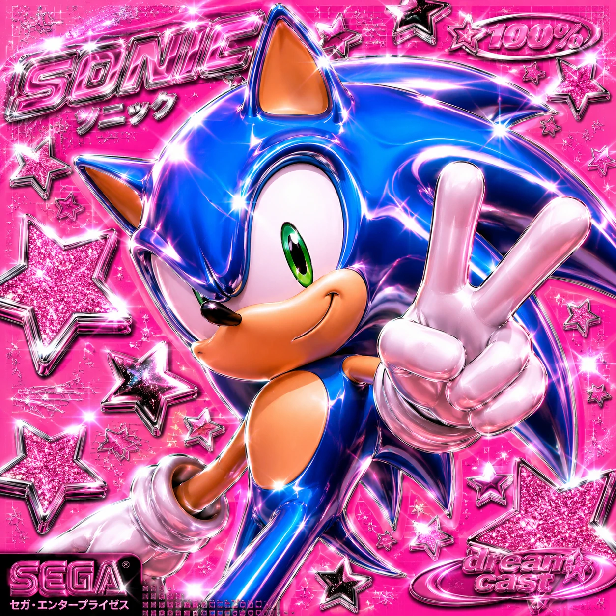 Y2K Sonic PFP with chrome shine pink background and glittery star stickers around him