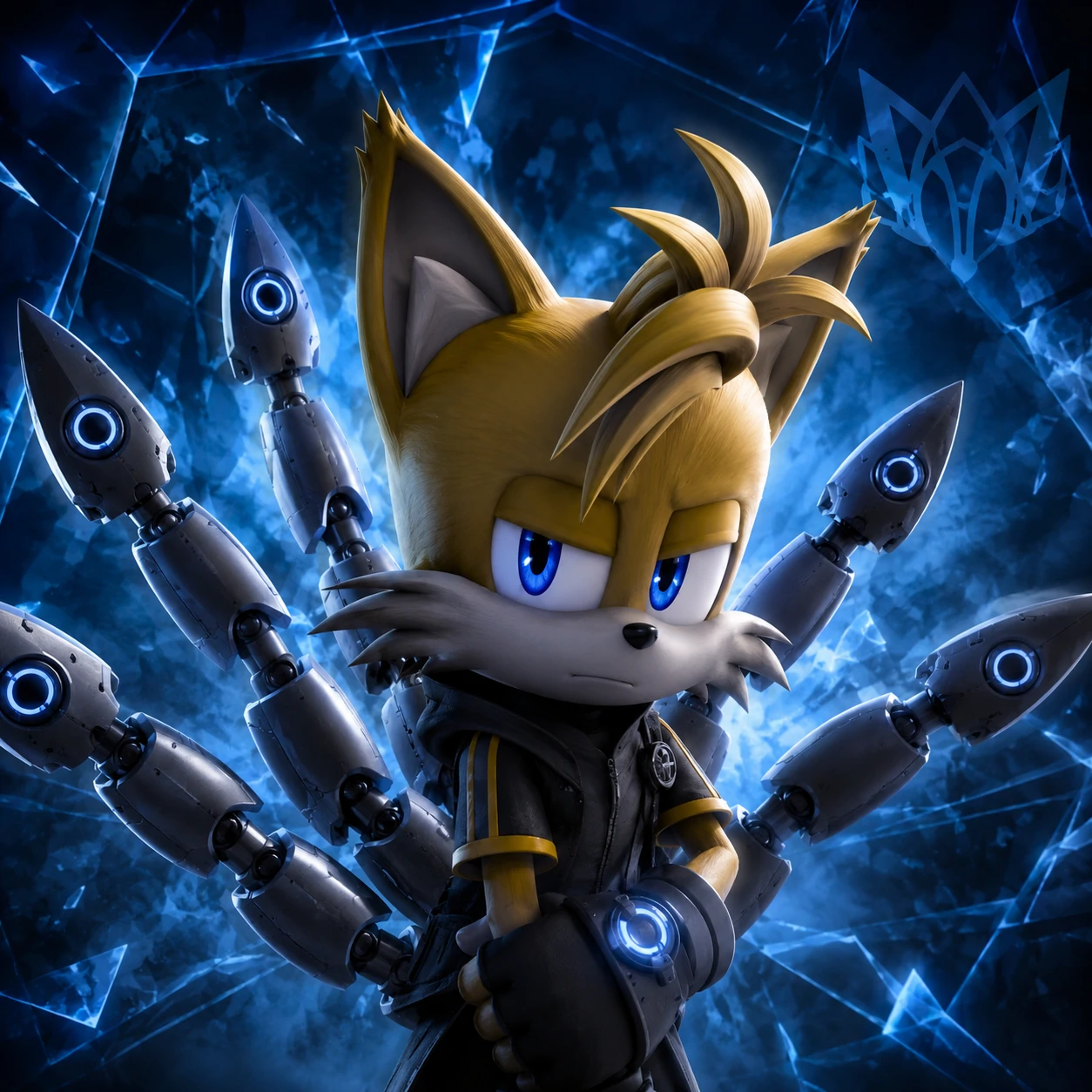 Sonic Prime Nine the fox PFP with mechanical tails and cool blue backdrop