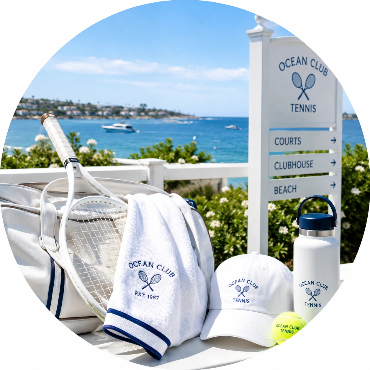 Summer preppy pfp with beach tennis vibes, crisp whites, and a bright coastal backdrop