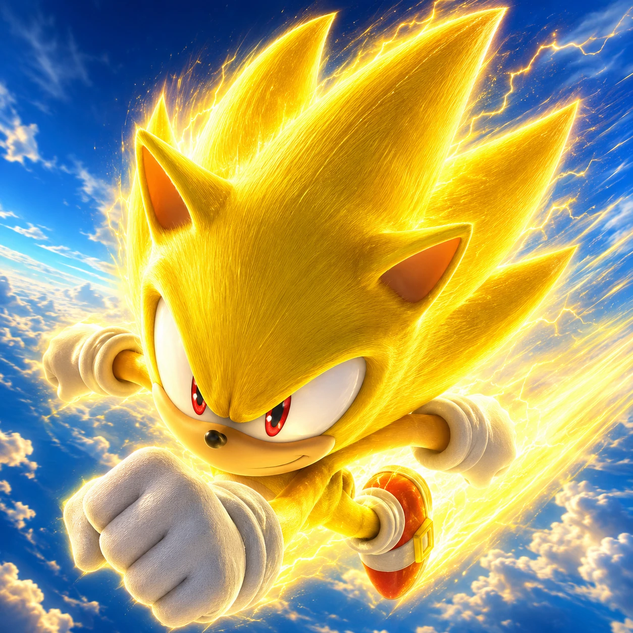 Super Sonic profile picture flying through the sky with bright yellow fur and red eyes