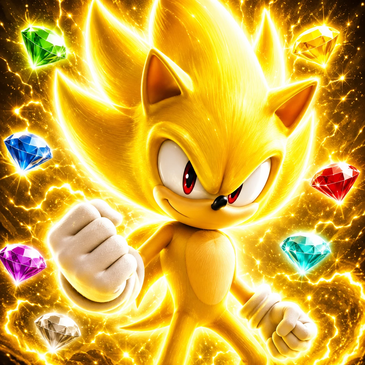 Super Sonic PFP in his golden form with glowing yellow aura and Chaos Emerald sparkles