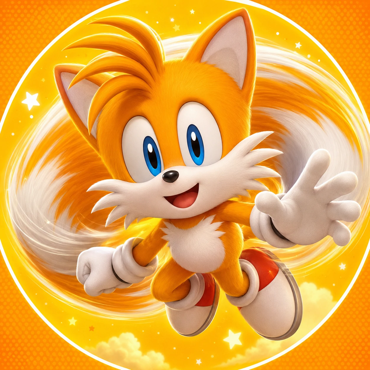 Tails PFP with bright orange fox fur two spinning tails and cheerful blue eyes