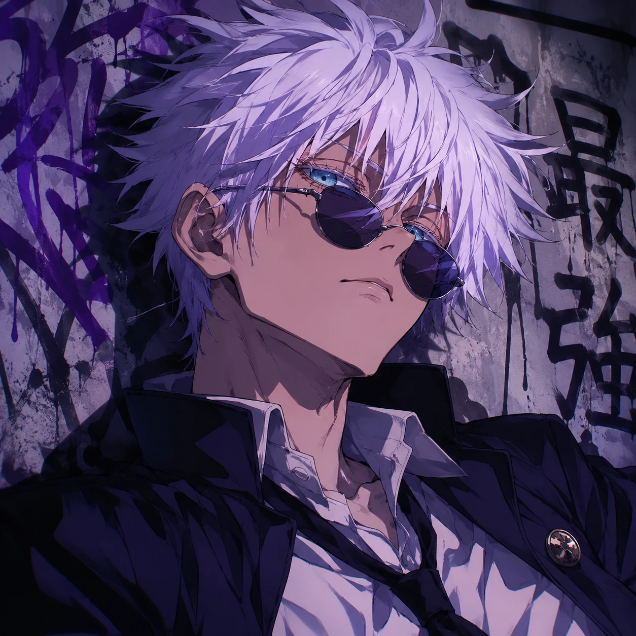 Teen Gojo PFP with rebellious stare and loose anime uniform styling