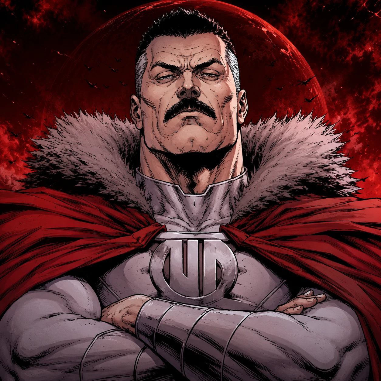 Thragg Invincible PFP of Viltrumite emperor with red cape and cold expression